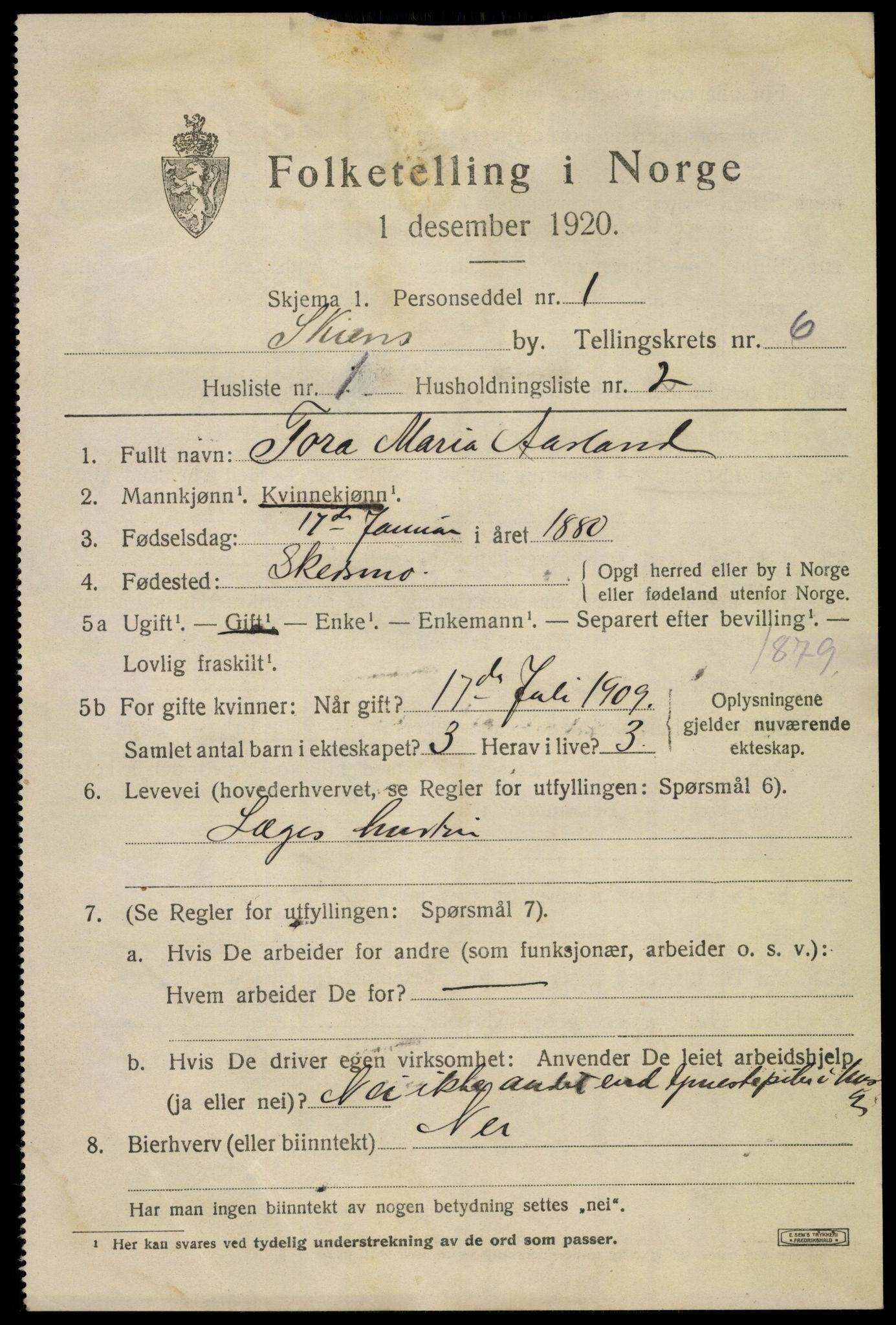 SAKO, 1920 census for Skien, 1920, p. 21834