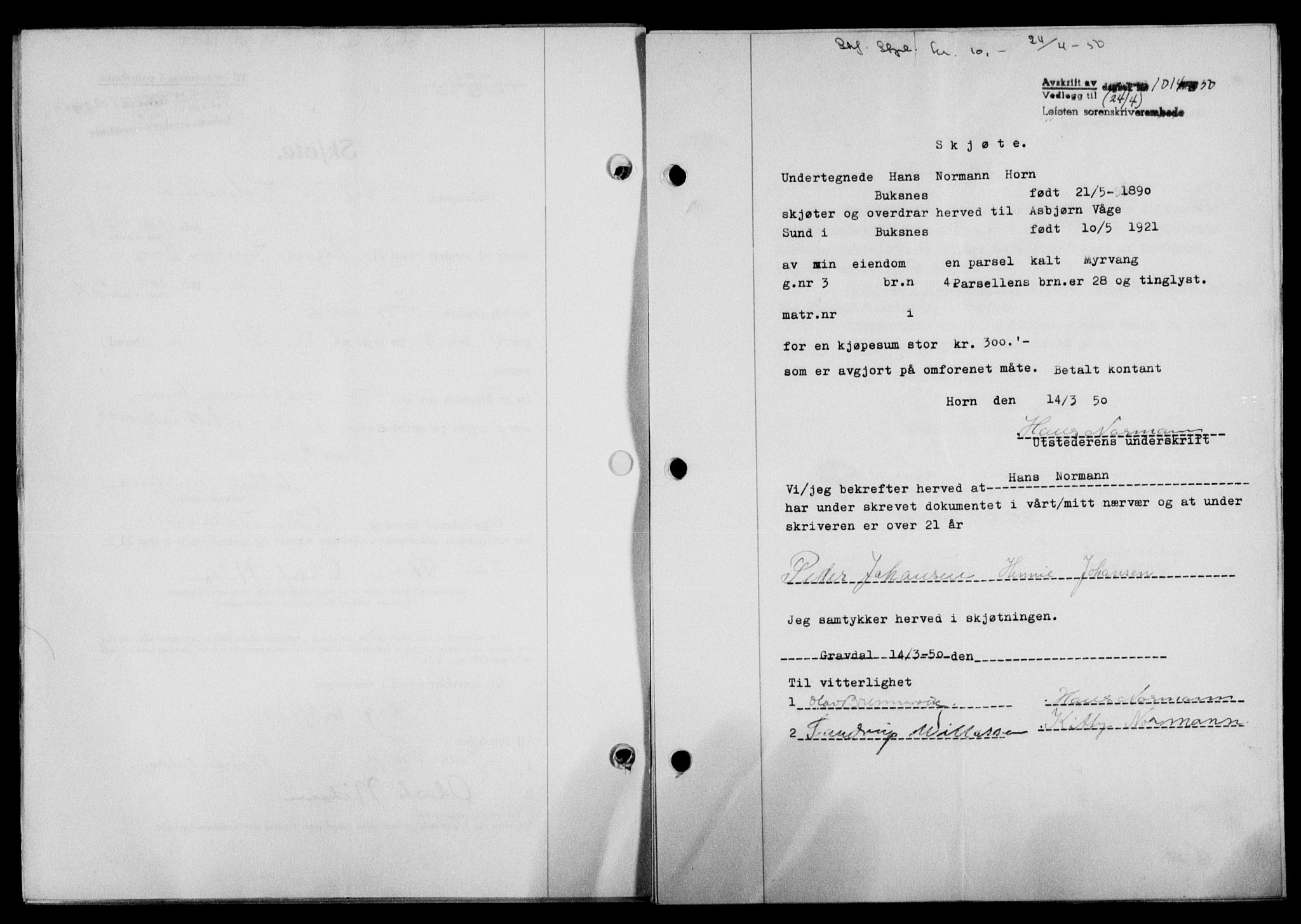 Lofoten sorenskriveri, SAT/A-0017/1/2/2C/L0023a: Mortgage book no. 23a, 1950-1950, Diary no: : 1014/1950