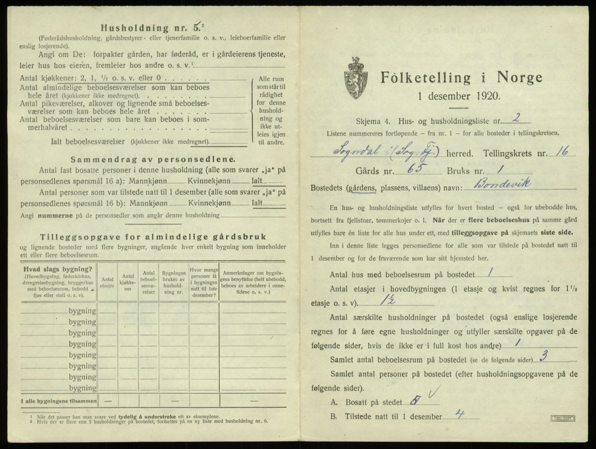 SAB, 1920 census for Sogndal, 1920, p. 856