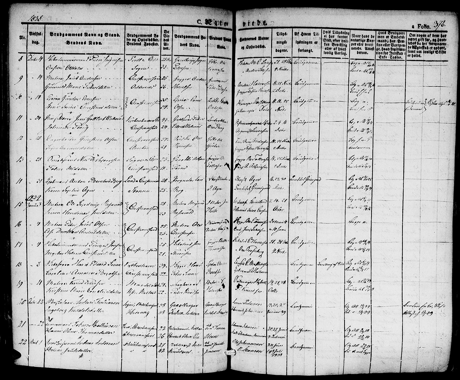 Kristiansand domprosti, SAK/1112-0006/F/Fa/L0011: Parish register (official) no. A 11, 1827-1841, p. 376