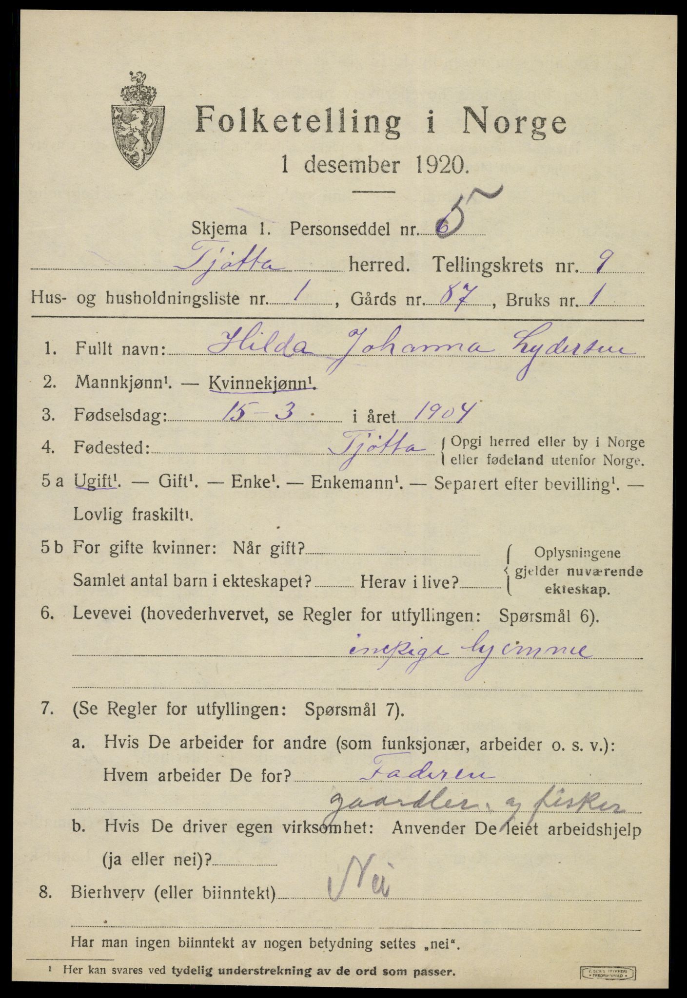 SAT, 1920 census for Tjøtta, 1920, p. 3921