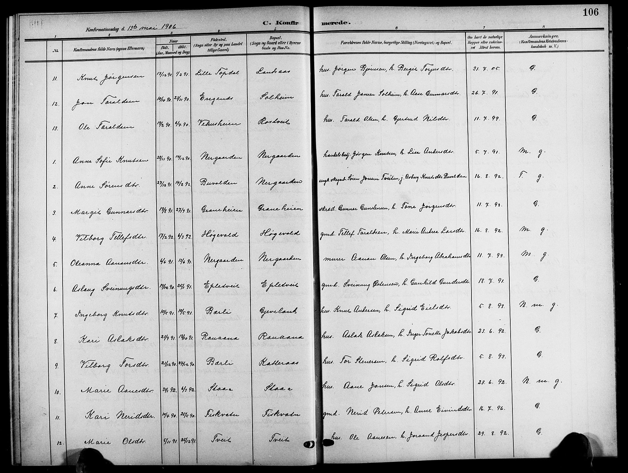Åmli sokneprestkontor, SAK/1111-0050/F/Fb/Fbc/L0005: Parish register (copy) no. B 5, 1903-1916, p. 106