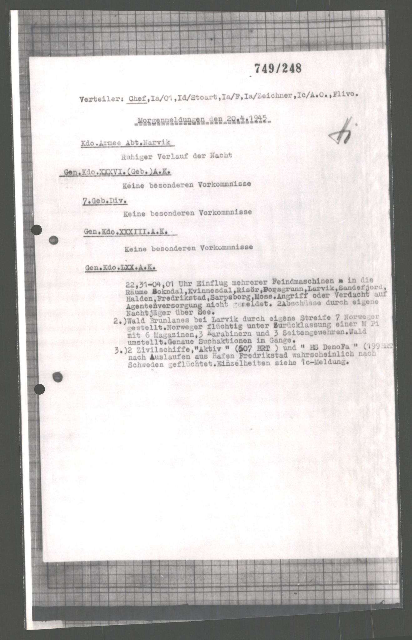 Forsvarets Overkommando. 2 kontor. Arkiv 11.4. Spredte tyske arkivsaker, AV/RA-RAFA-7031/D/Dar/Dara/L0004: Krigsdagbøker for 20. Gebirgs-Armee-Oberkommando (AOK 20), 1945, p. 665