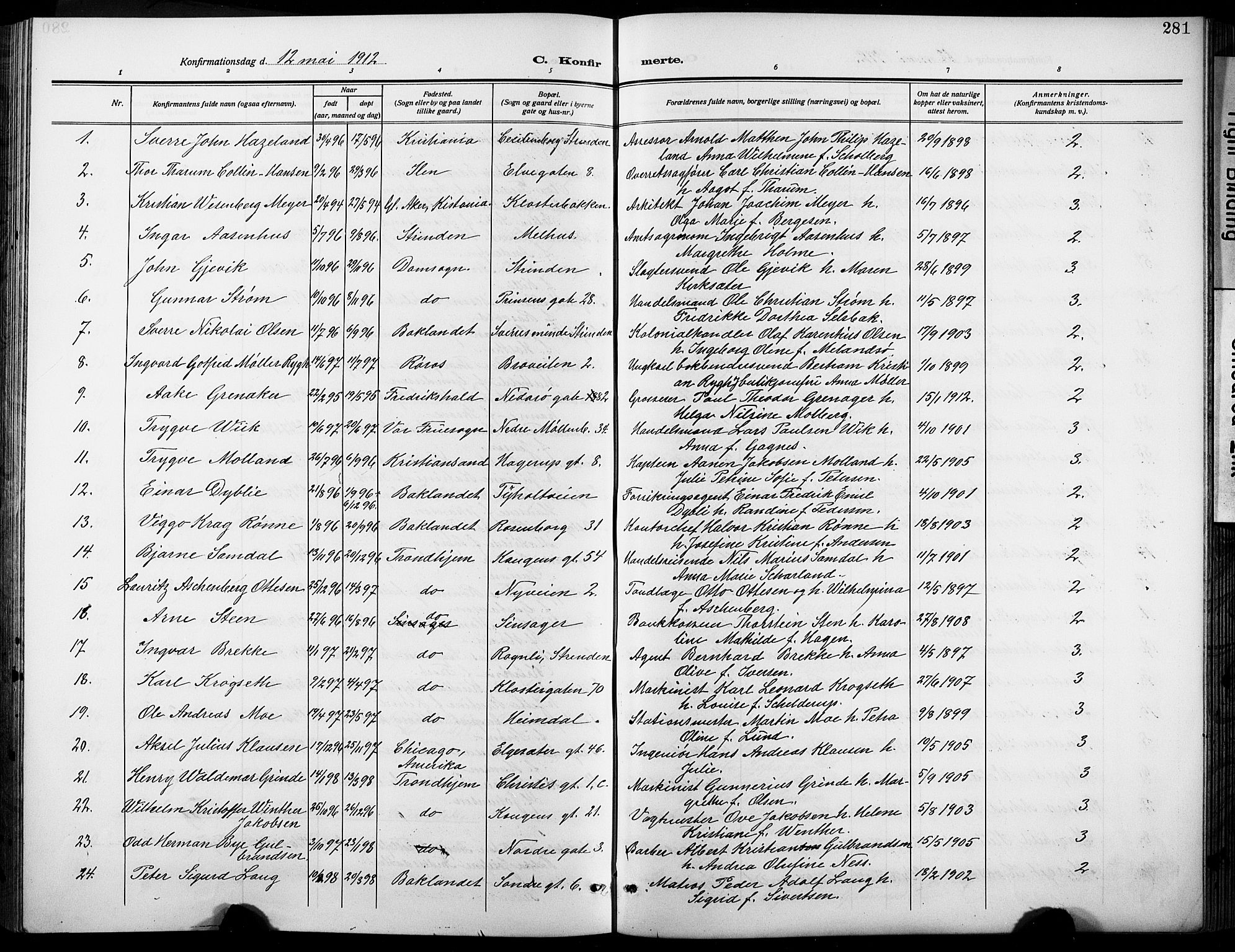 Ministerialprotokoller, klokkerbøker og fødselsregistre - Sør-Trøndelag, SAT/A-1456/601/L0096: Parish register (copy) no. 601C14, 1911-1931, p. 281