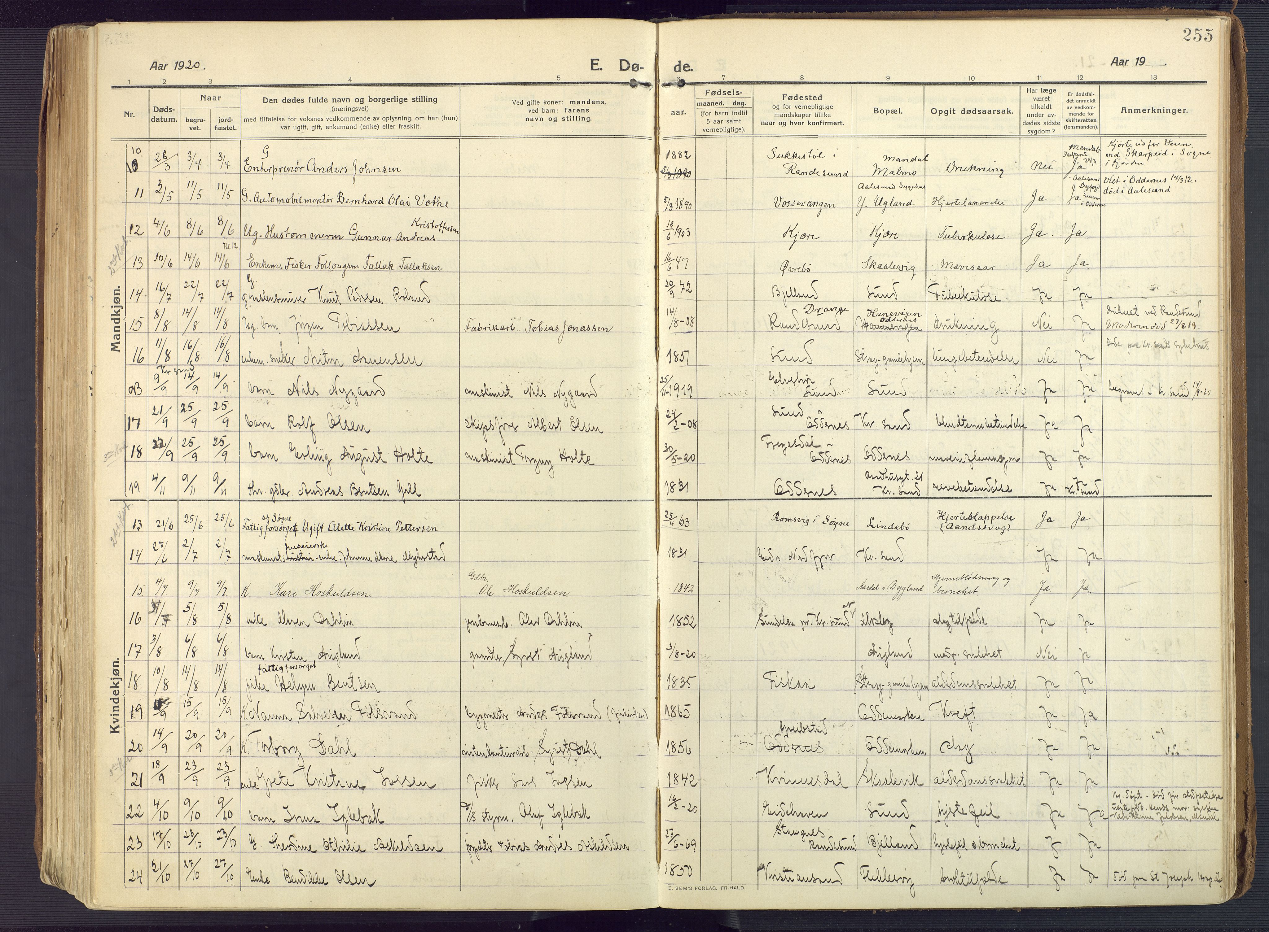 Oddernes sokneprestkontor, AV/SAK-1111-0033/F/Fa/Faa/L0012: Parish register (official) no. A 12, 1912-1925, p. 255