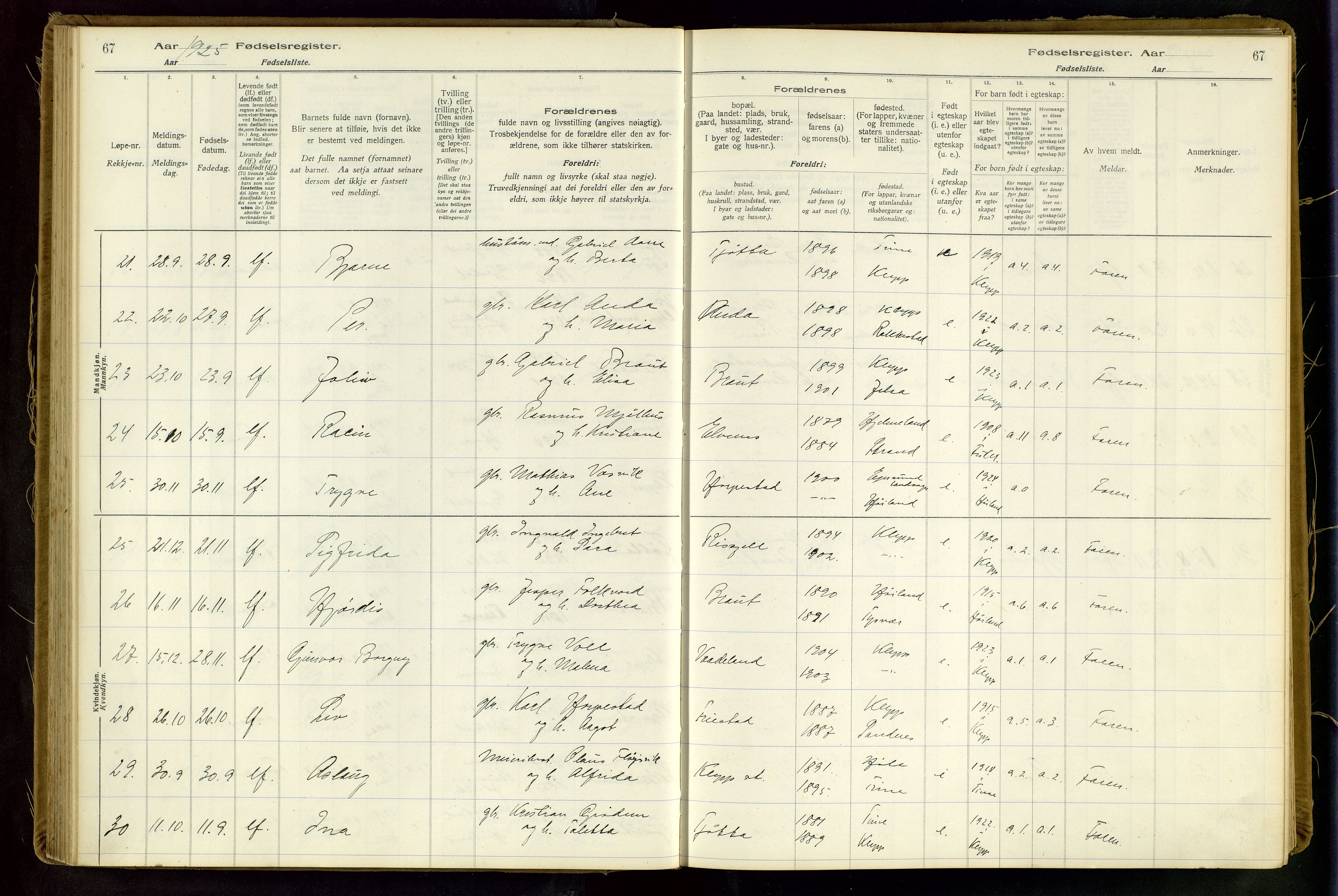 Klepp sokneprestkontor, AV/SAST-A-101803/001/704BAA/L0001: Birth register no. 1, 1916-1948, p. 67