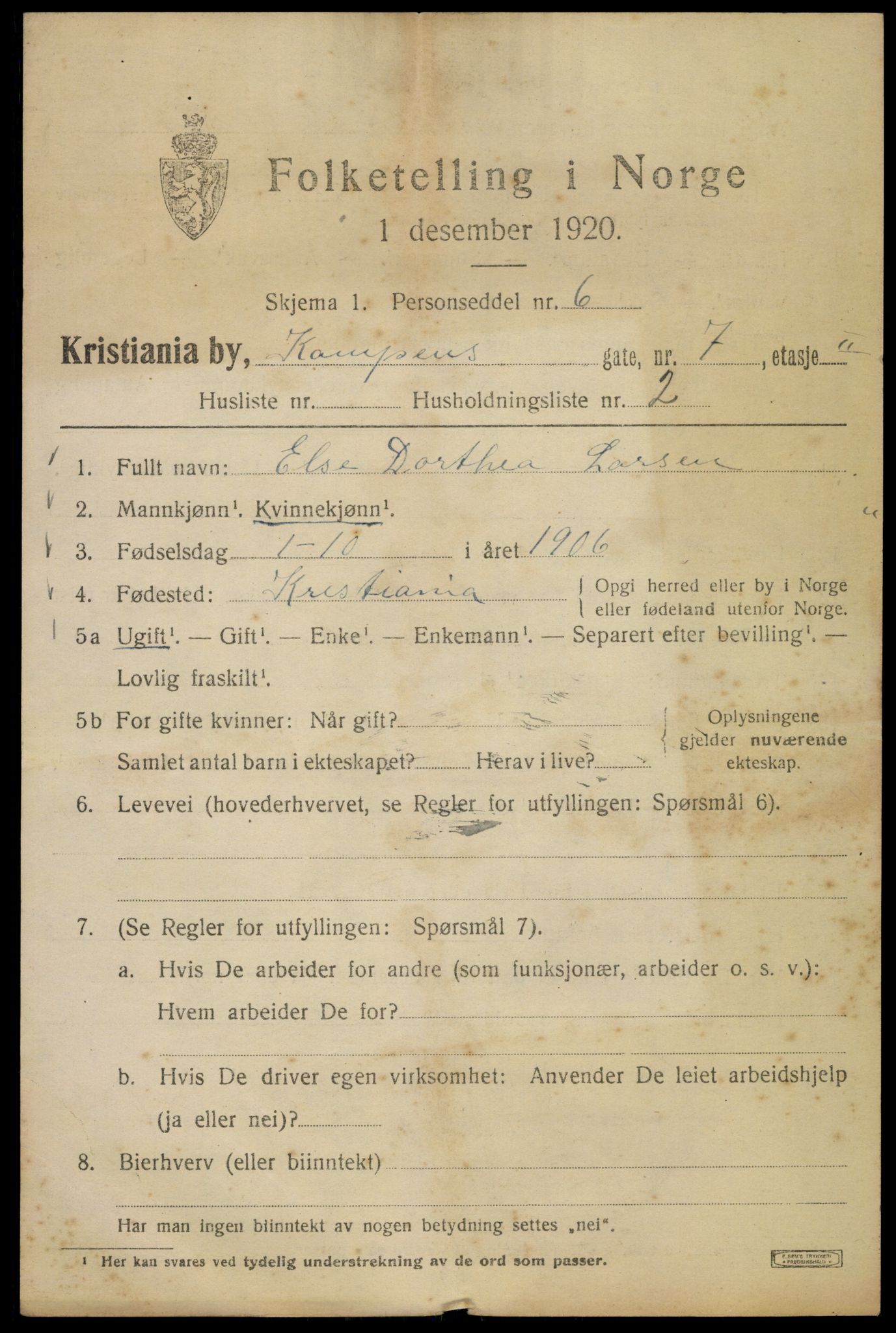 SAO, 1920 census for Kristiania, 1920, p. 326707