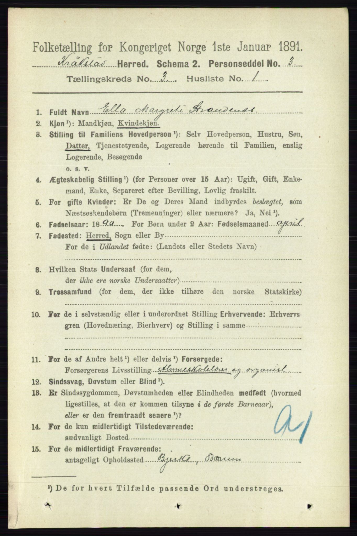 RA, 1891 census for 0212 Kråkstad, 1891, p. 1197