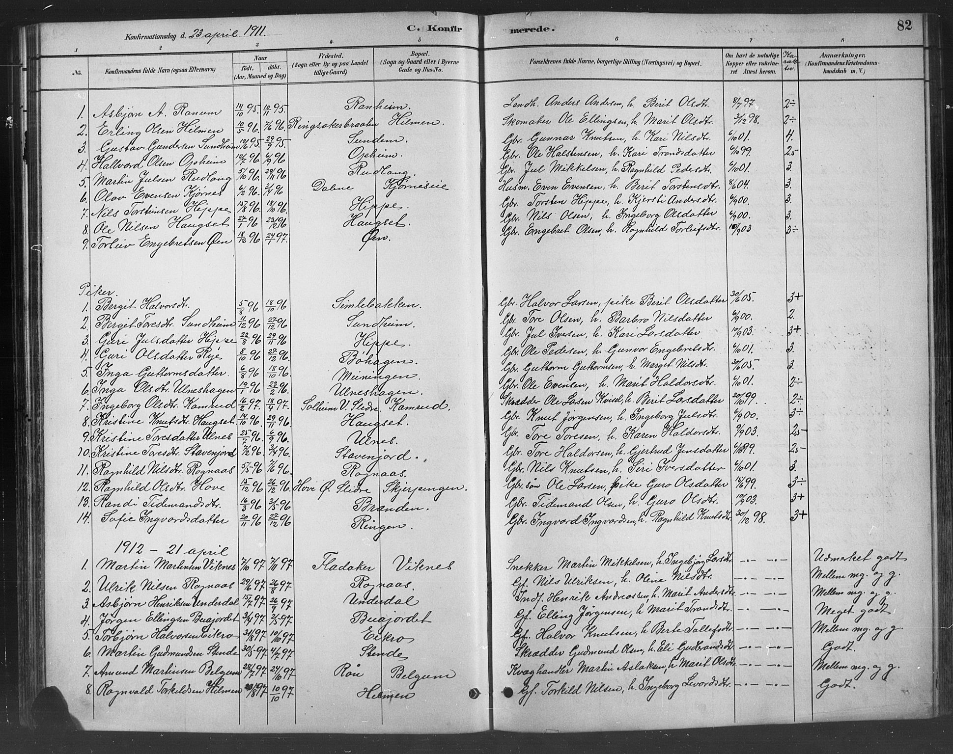 Nord-Aurdal prestekontor, SAH/PREST-132/H/Ha/Hab/L0008: Parish register (copy) no. 8, 1883-1916, p. 82