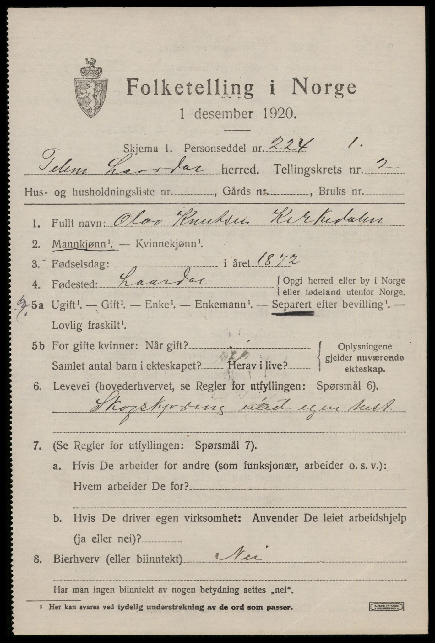 SAKO, 1920 census for Lårdal, 1920, p. 1641