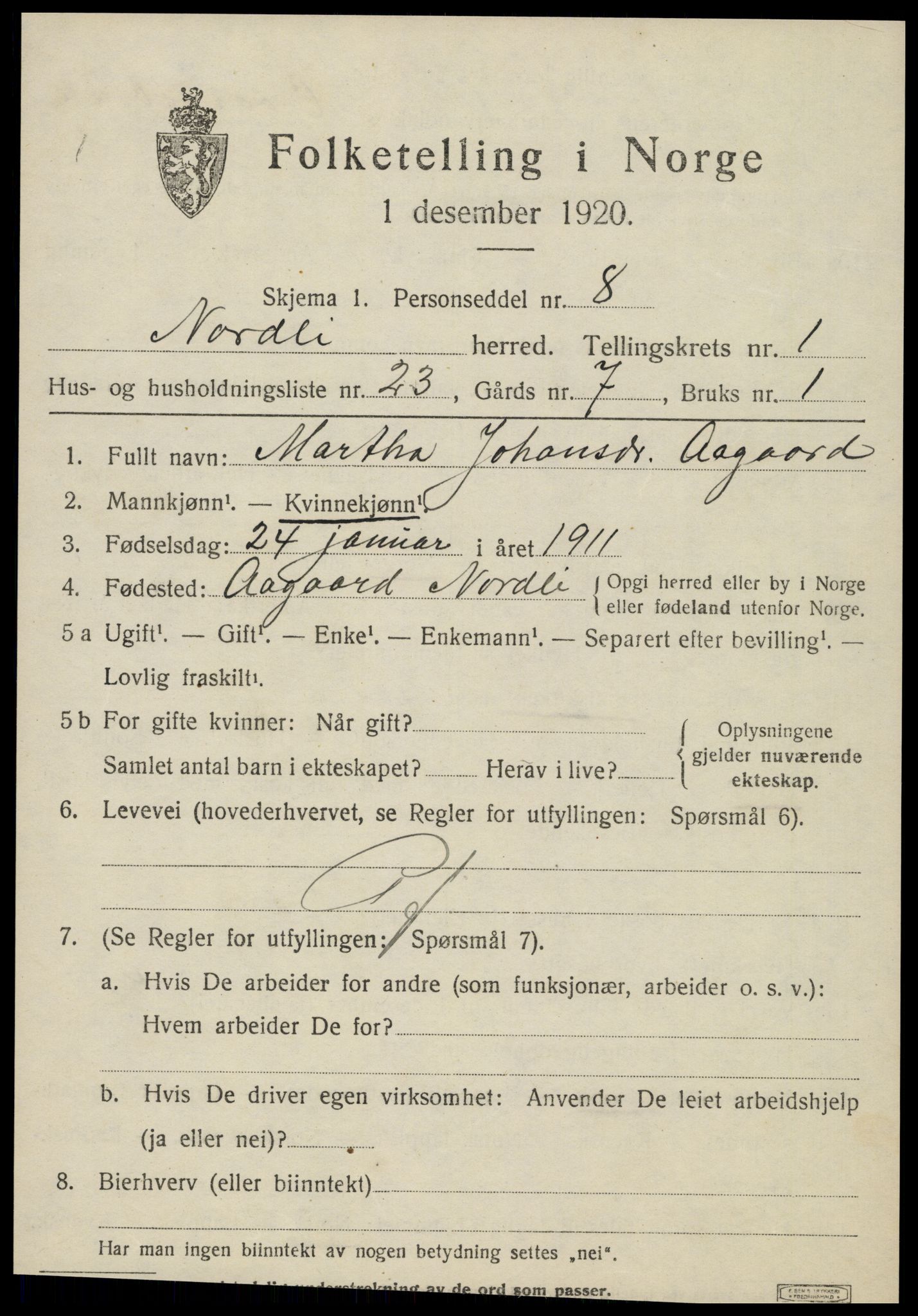 SAT, 1920 census for Nordli, 1920, p. 693