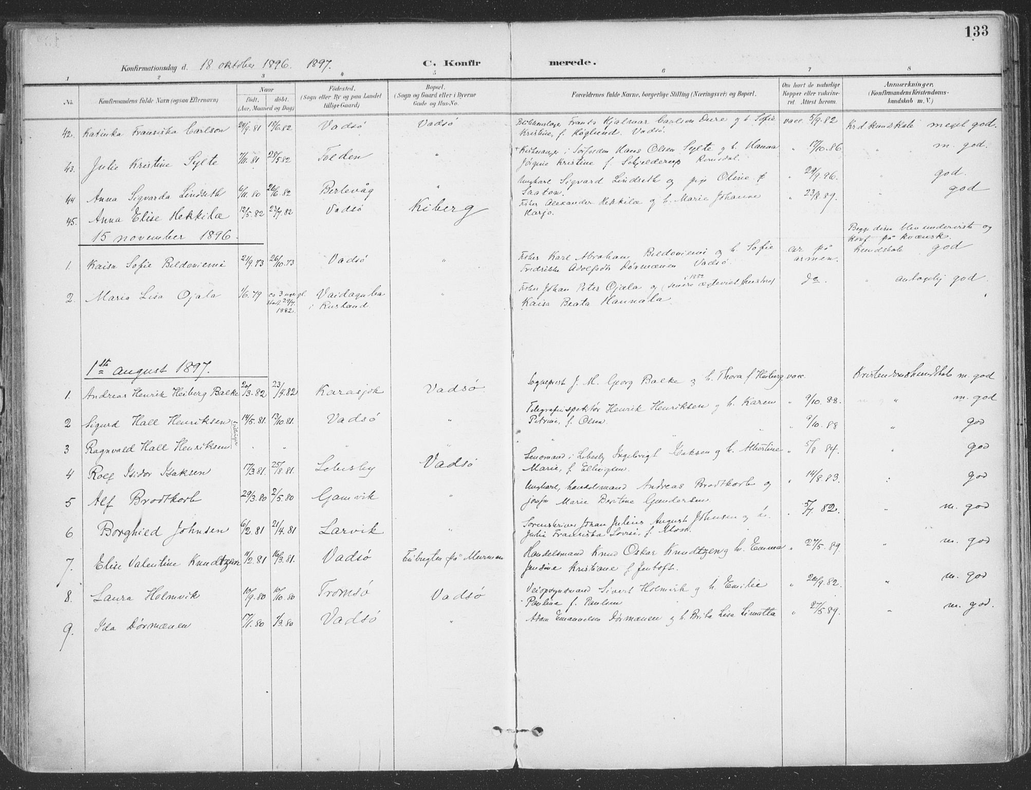 Vadsø sokneprestkontor, SATØ/S-1325/H/Ha/L0007kirke: Parish register (official) no. 7, 1896-1916, p. 133