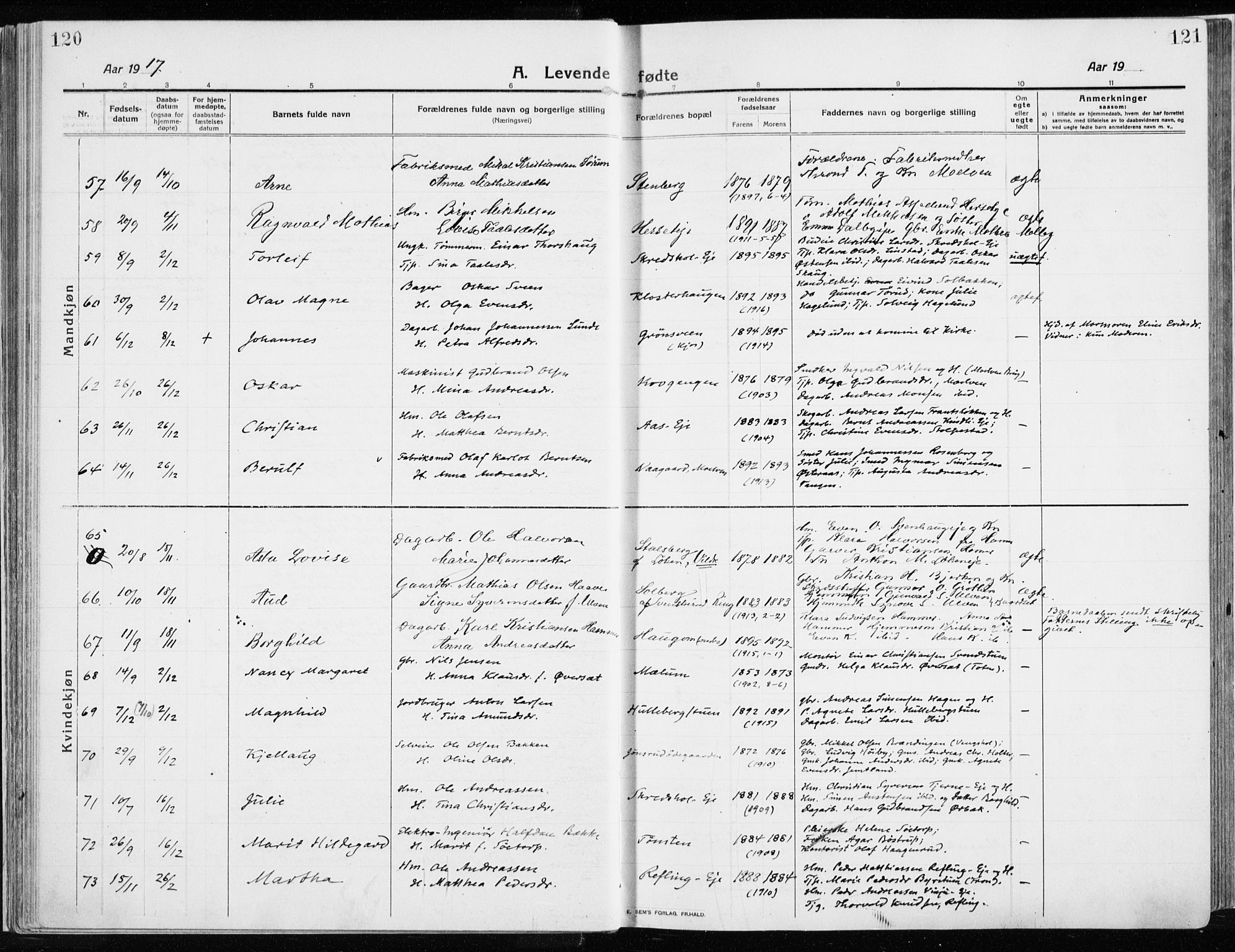 Ringsaker prestekontor, AV/SAH-PREST-014/K/Ka/L0020: Parish register (official) no. 20, 1913-1922, p. 120-121