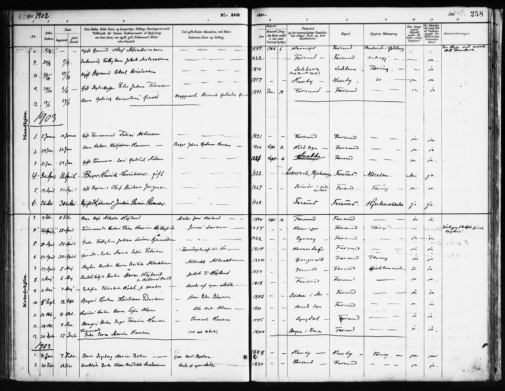 Farsund sokneprestkontor, SAK/1111-0009/F/Fa/L0006: Parish register (official) no. A 6, 1887-1920, p. 258