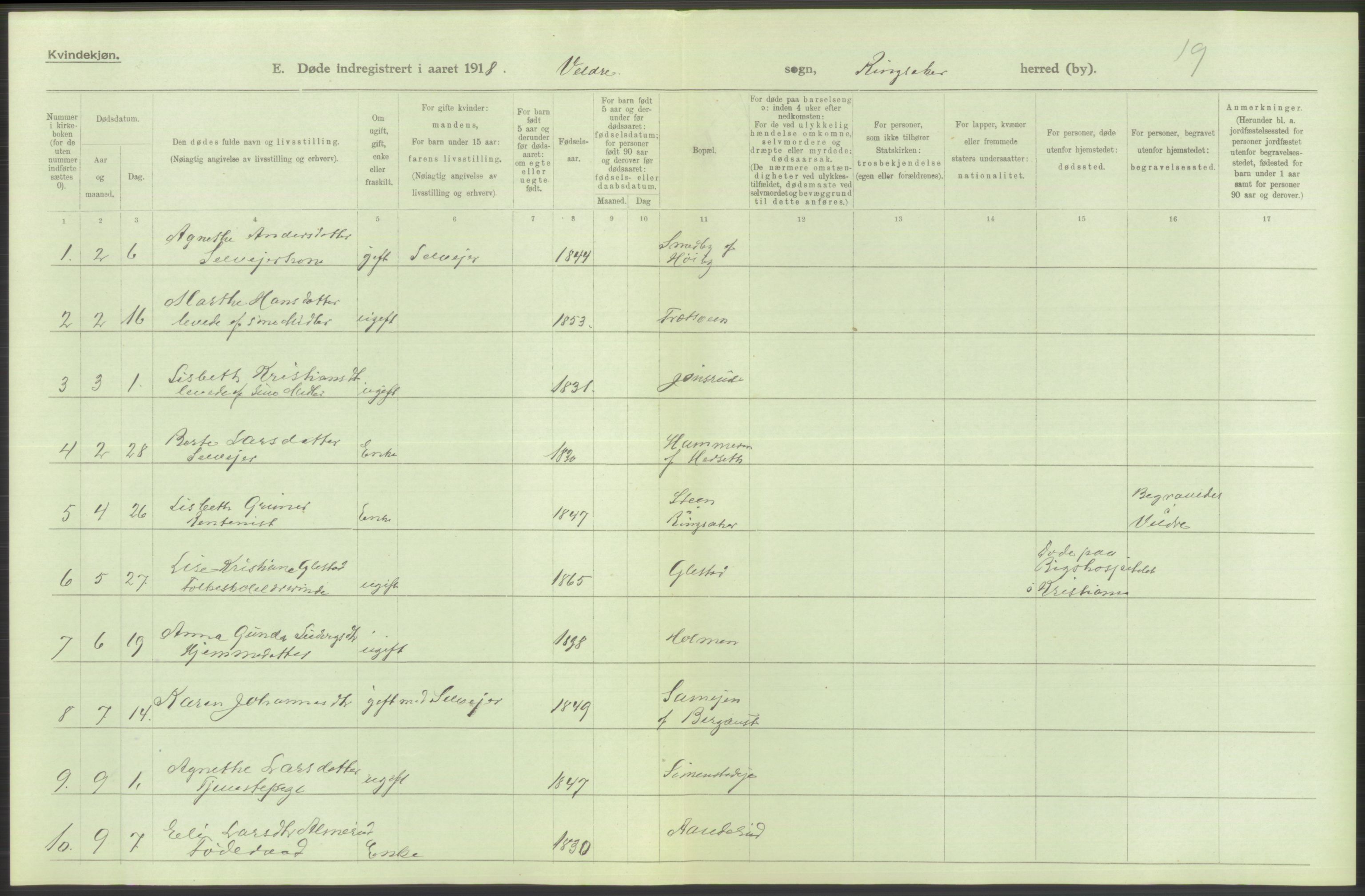 Statistisk sentralbyrå, Sosiodemografiske emner, Befolkning, AV/RA-S-2228/D/Df/Dfb/Dfbh/L0014: Hedemarkens fylke: Døde. Bygder og byer., 1918, p. 186