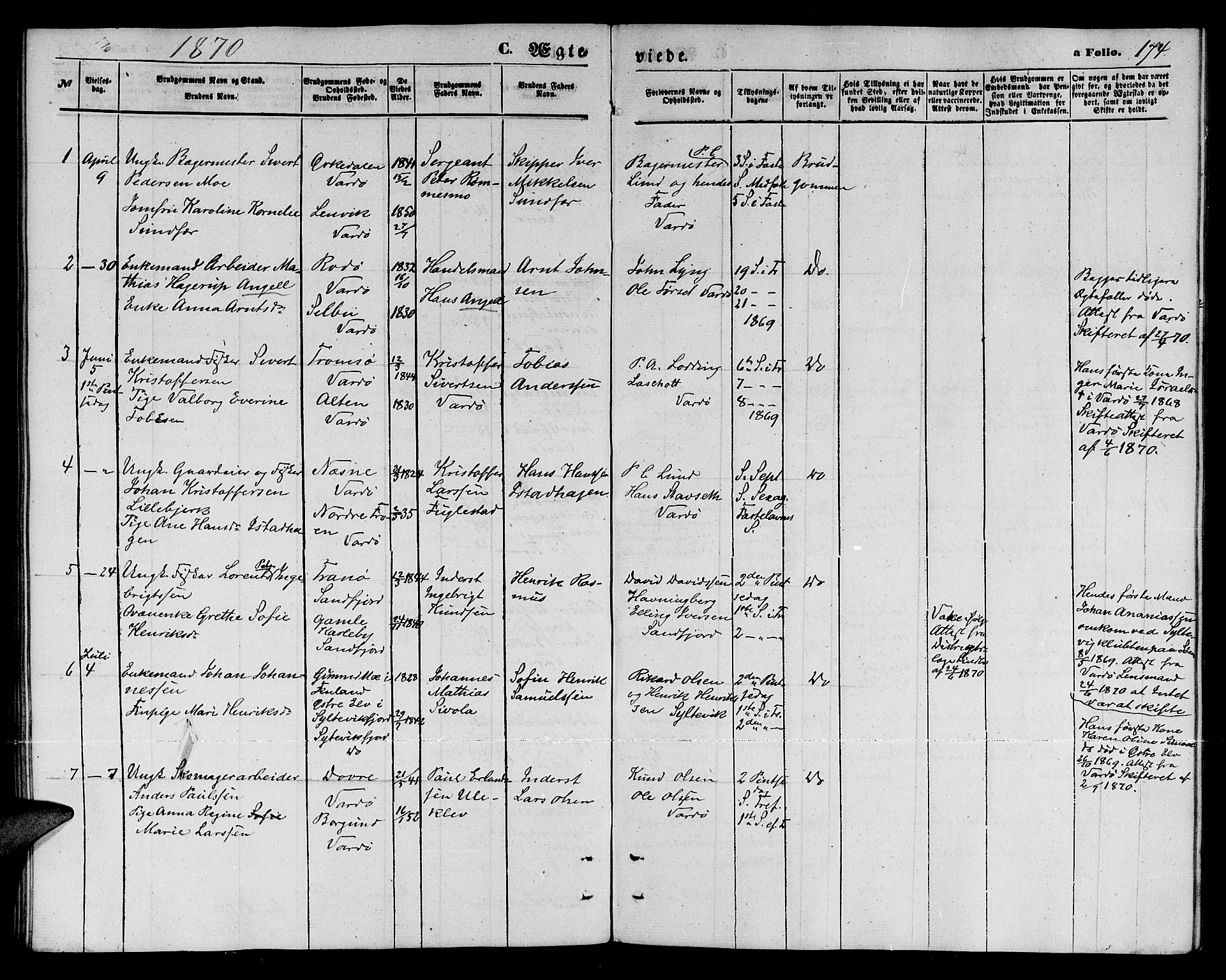 Vardø sokneprestkontor, AV/SATØ-S-1332/H/Hb/L0002klokker: Parish register (copy) no. 2, 1861-1870, p. 174