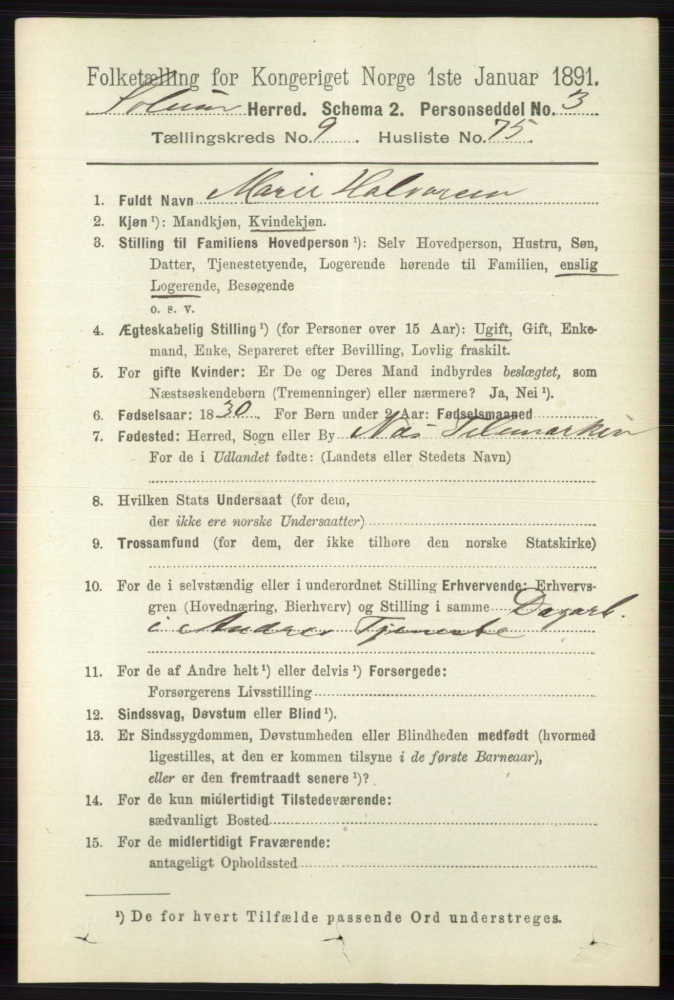 RA, 1891 census for 0818 Solum, 1891, p. 2476