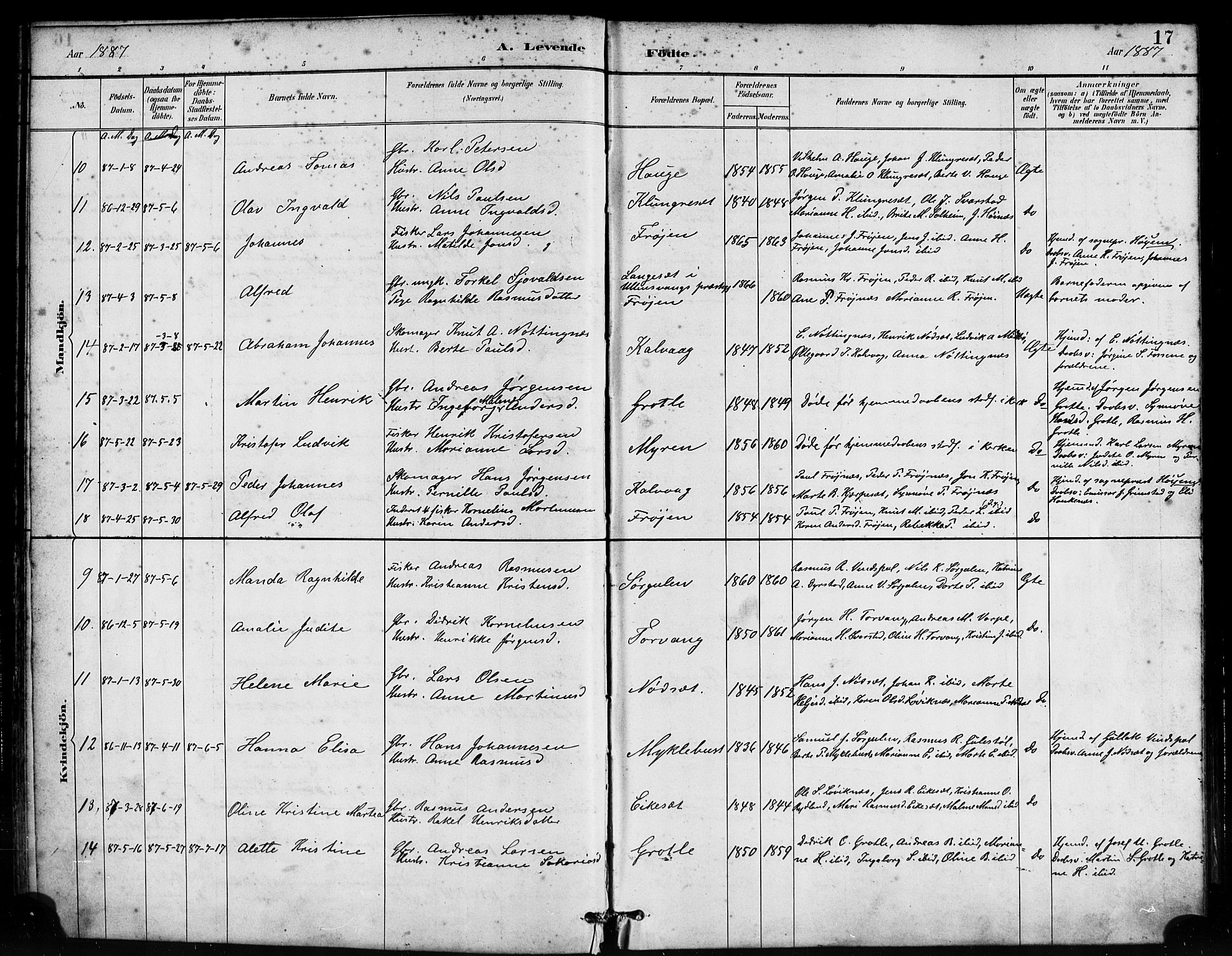 Bremanger sokneprestembete, AV/SAB-A-82201/H/Haa/Haab/L0001: Parish register (official) no. B 1, 1884-1895, p. 17