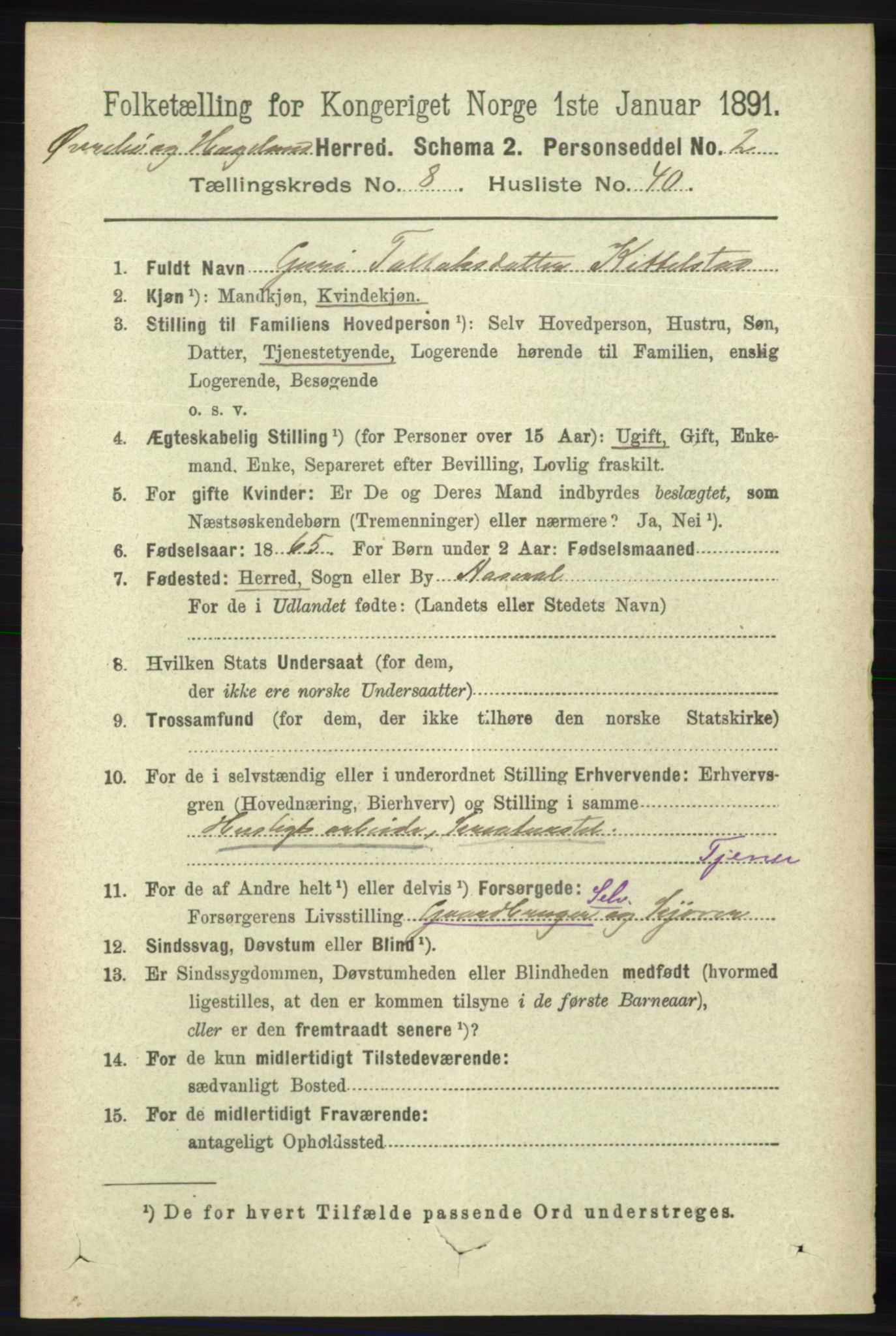 RA, 1891 census for 1016 Øvrebø og Hægeland, 1891, p. 1698