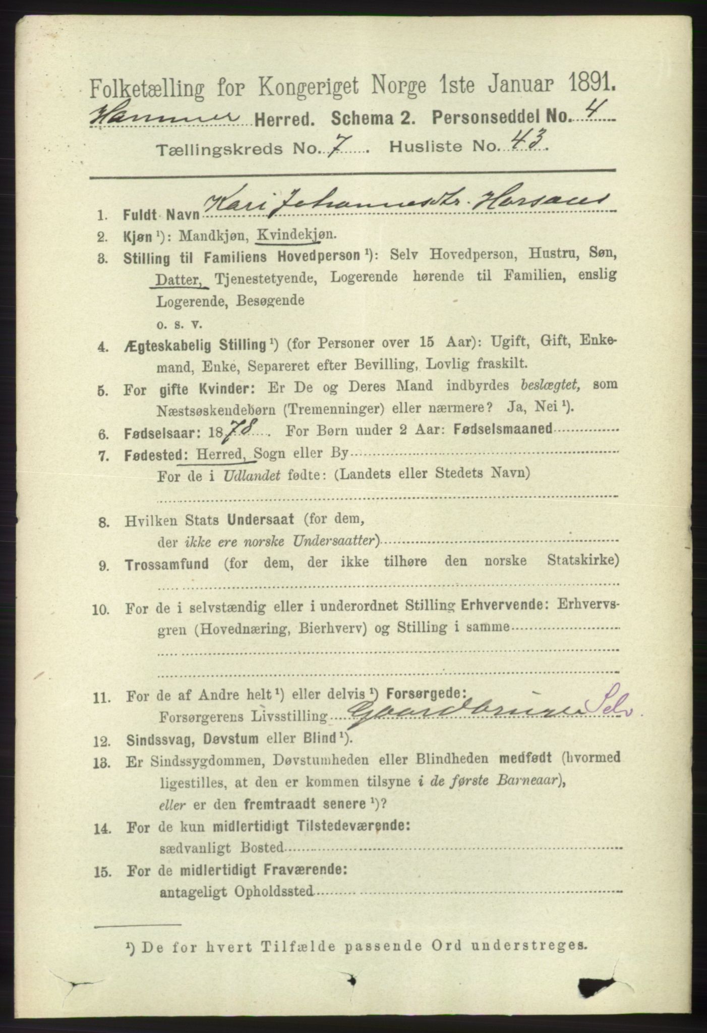 RA, 1891 census for 1254 Hamre, 1891, p. 1959