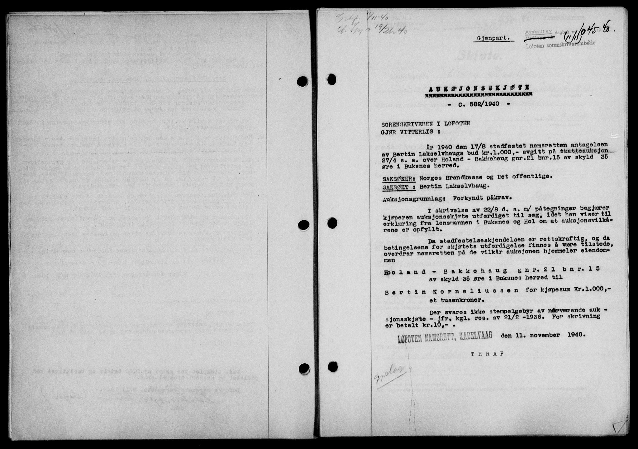 Lofoten sorenskriveri, SAT/A-0017/1/2/2C/L0008a: Mortgage book no. 8a, 1940-1941, Diary no: : 1045/1940