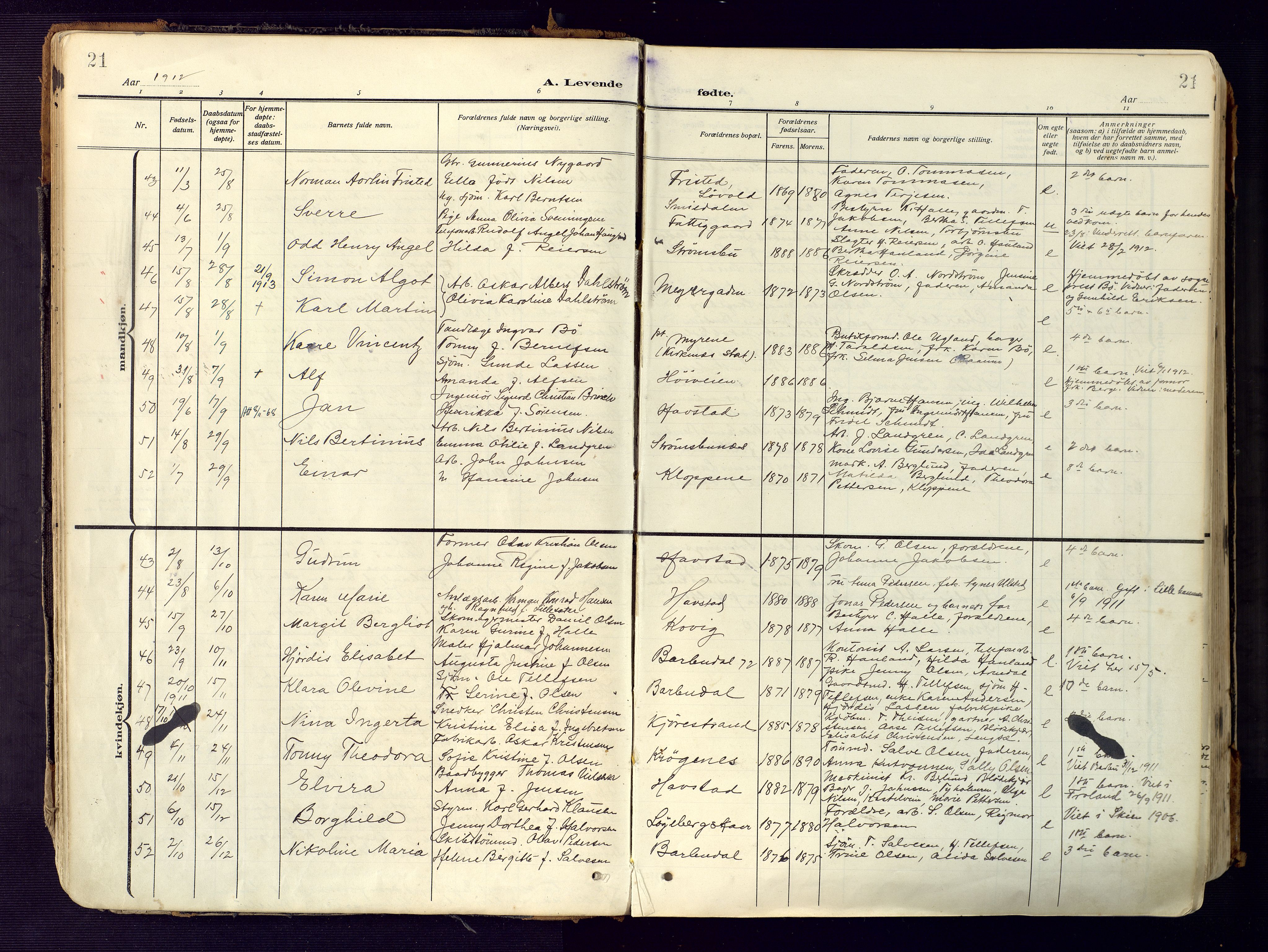 Barbu sokneprestkontor, SAK/1111-0003/F/Fa/L0006: Parish register (official) no. A 6, 1910-1929, p. 21