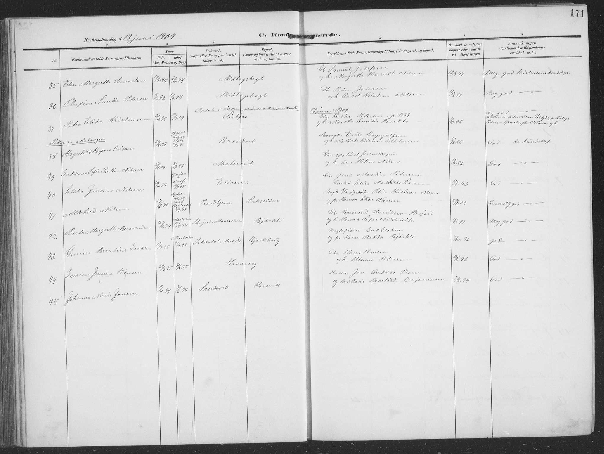 Balsfjord sokneprestembete, SATØ/S-1303/G/Ga/L0009klokker: Parish register (copy) no. 9, 1906-1920, p. 171