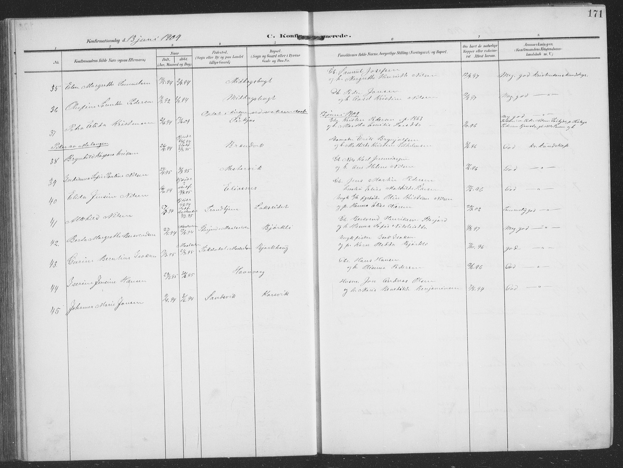 Balsfjord sokneprestembete, AV/SATØ-S-1303/G/Ga/L0009klokker: Parish register (copy) no. 9, 1906-1920, p. 171