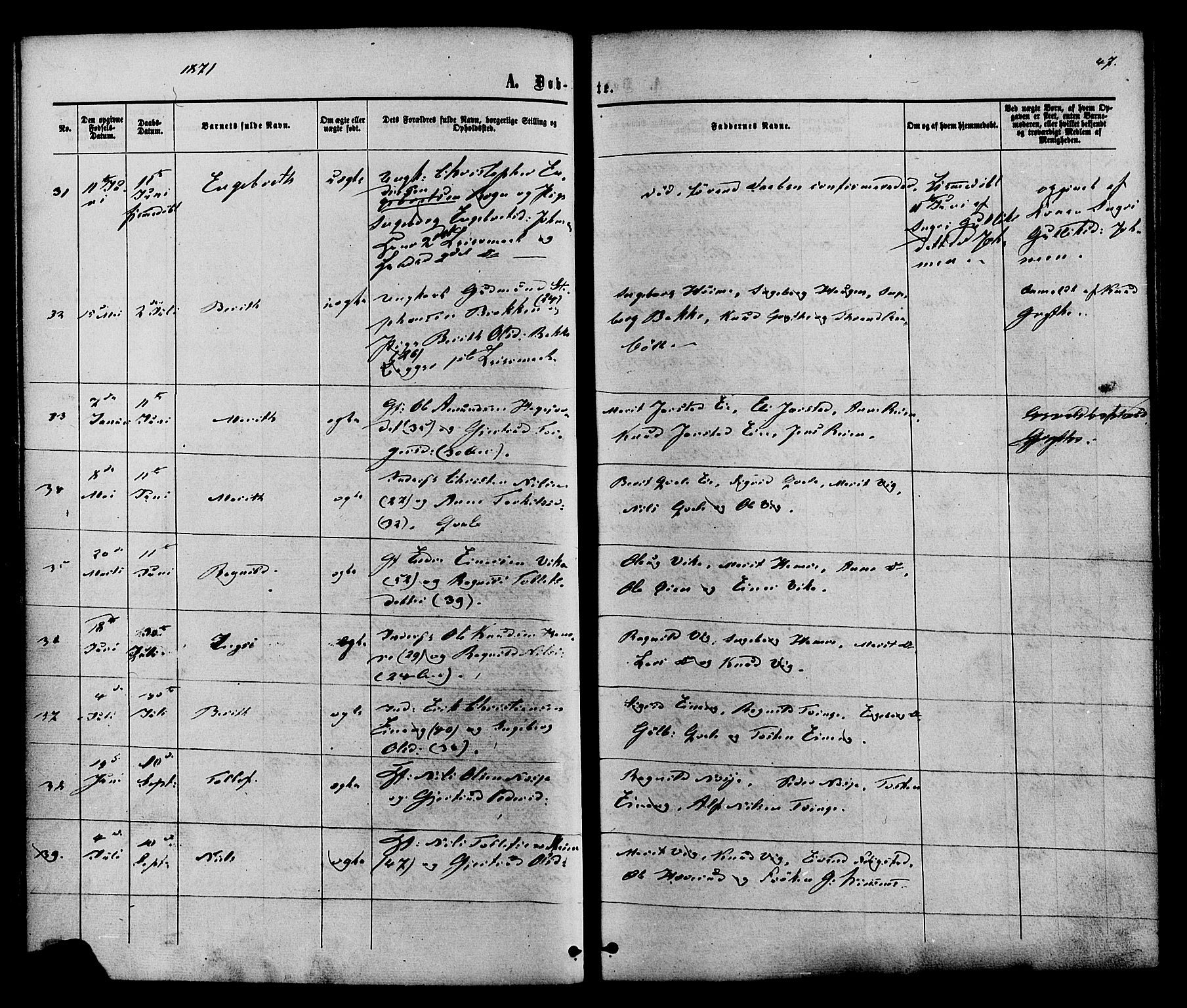 Vestre Slidre prestekontor, AV/SAH-PREST-136/H/Ha/Haa/L0003: Parish register (official) no. 3, 1865-1880, p. 47