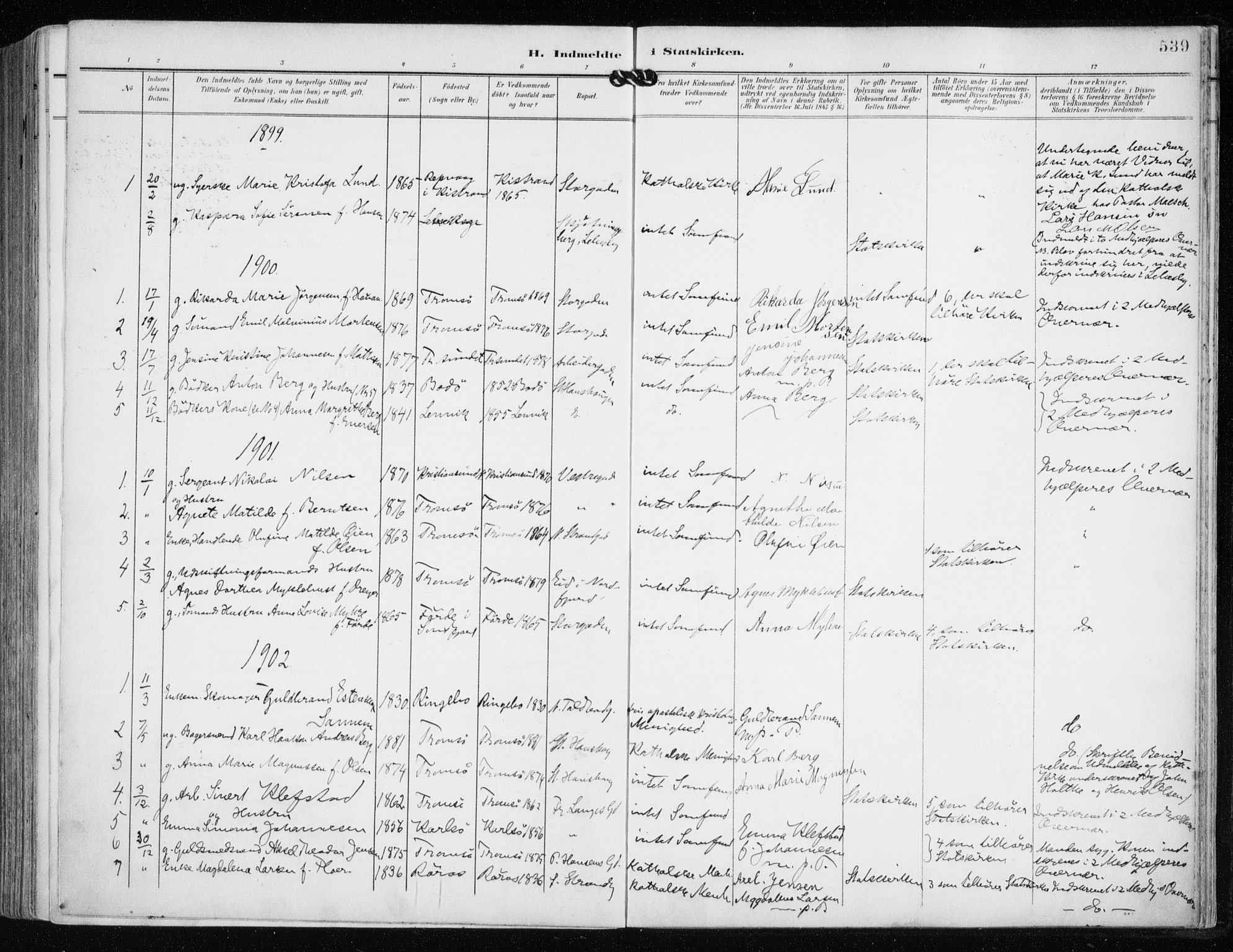 Tromsø sokneprestkontor/stiftsprosti/domprosti, AV/SATØ-S-1343/G/Ga/L0016kirke: Parish register (official) no. 16, 1899-1906, p. 539