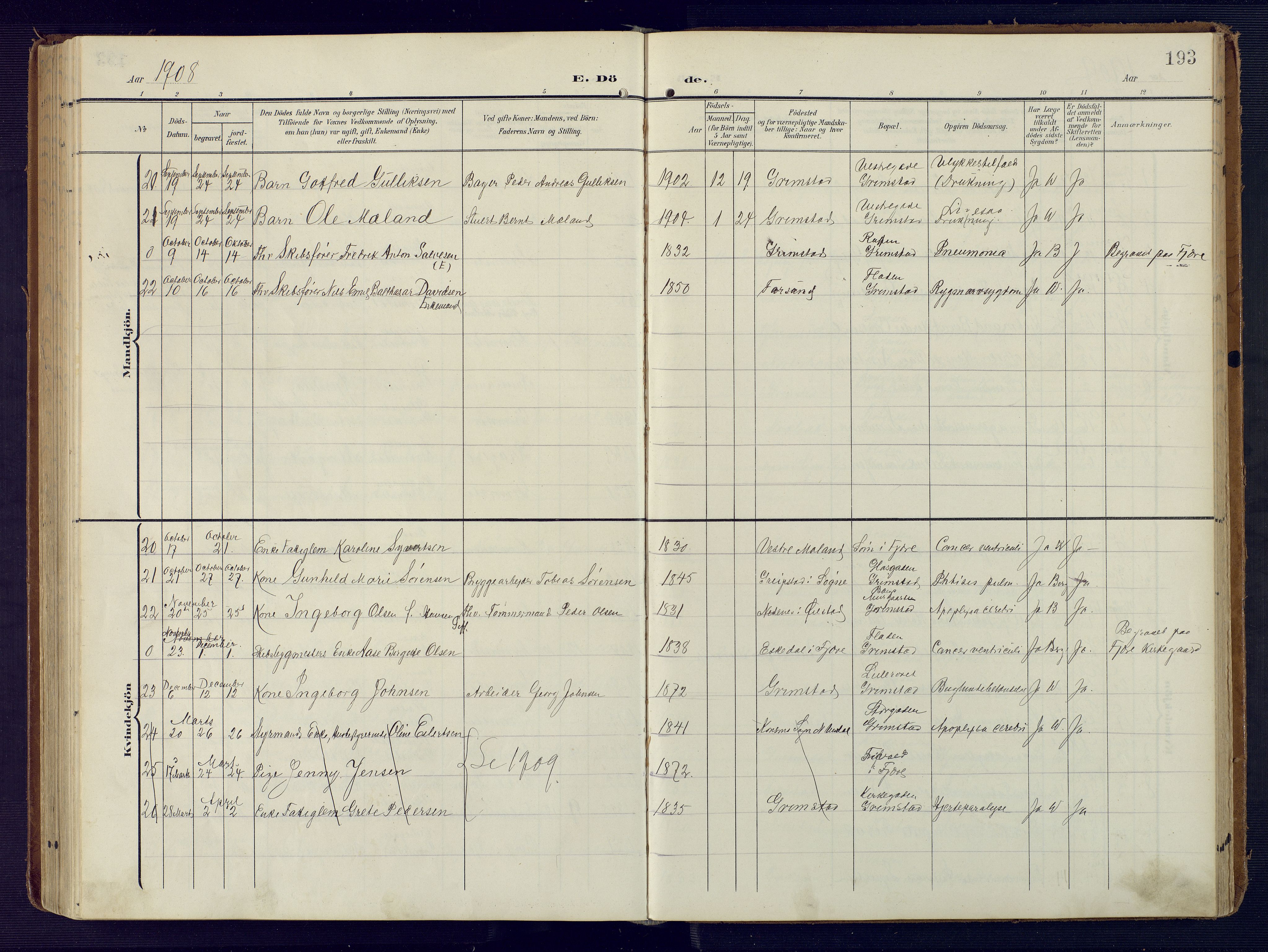 Grimstad sokneprestkontor, SAK/1111-0017/F/Fa/L0005: Parish register (official) no. A 4, 1911-1924, p. 193