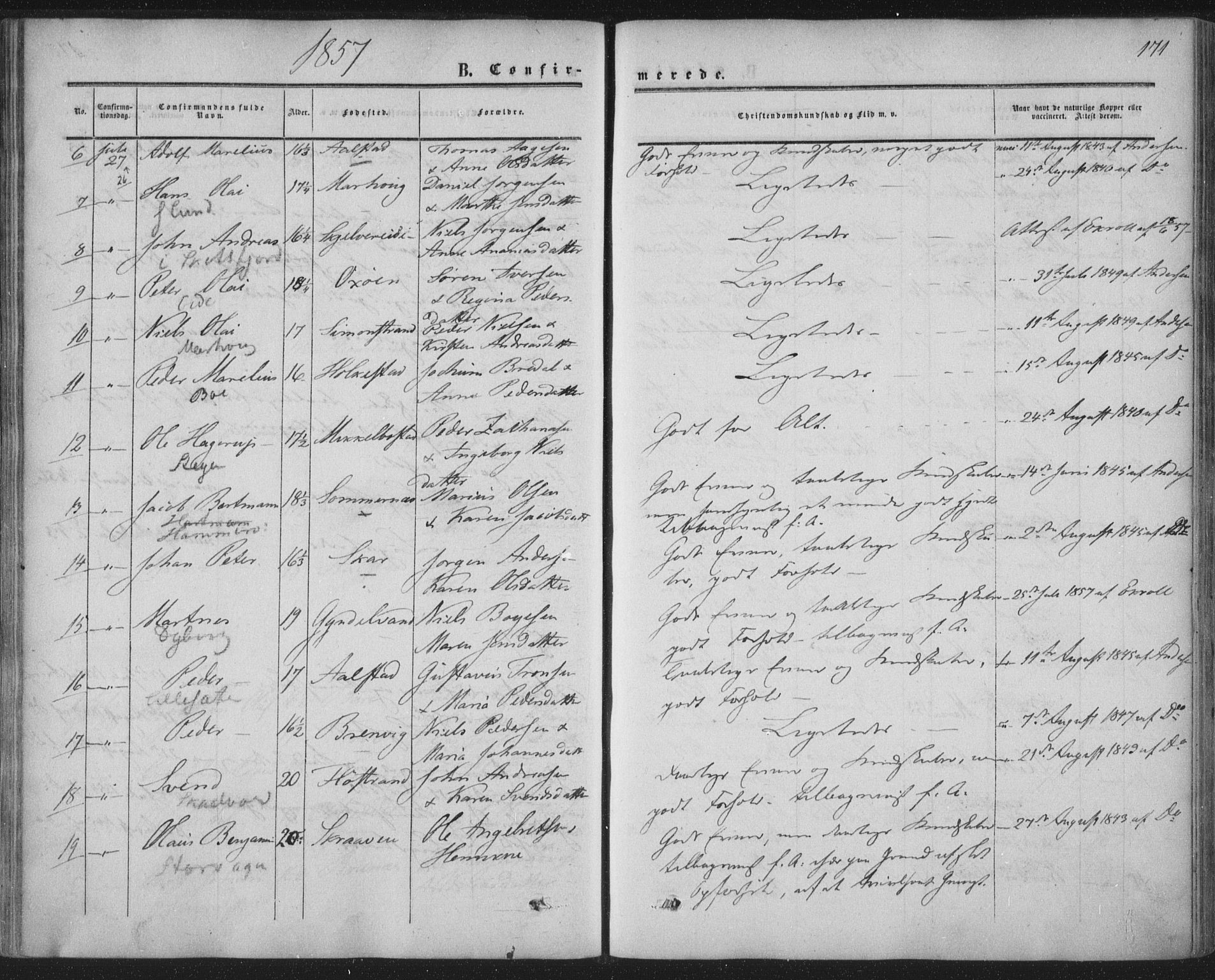 Ministerialprotokoller, klokkerbøker og fødselsregistre - Nordland, AV/SAT-A-1459/855/L0800: Parish register (official) no. 855A08, 1852-1864, p. 171