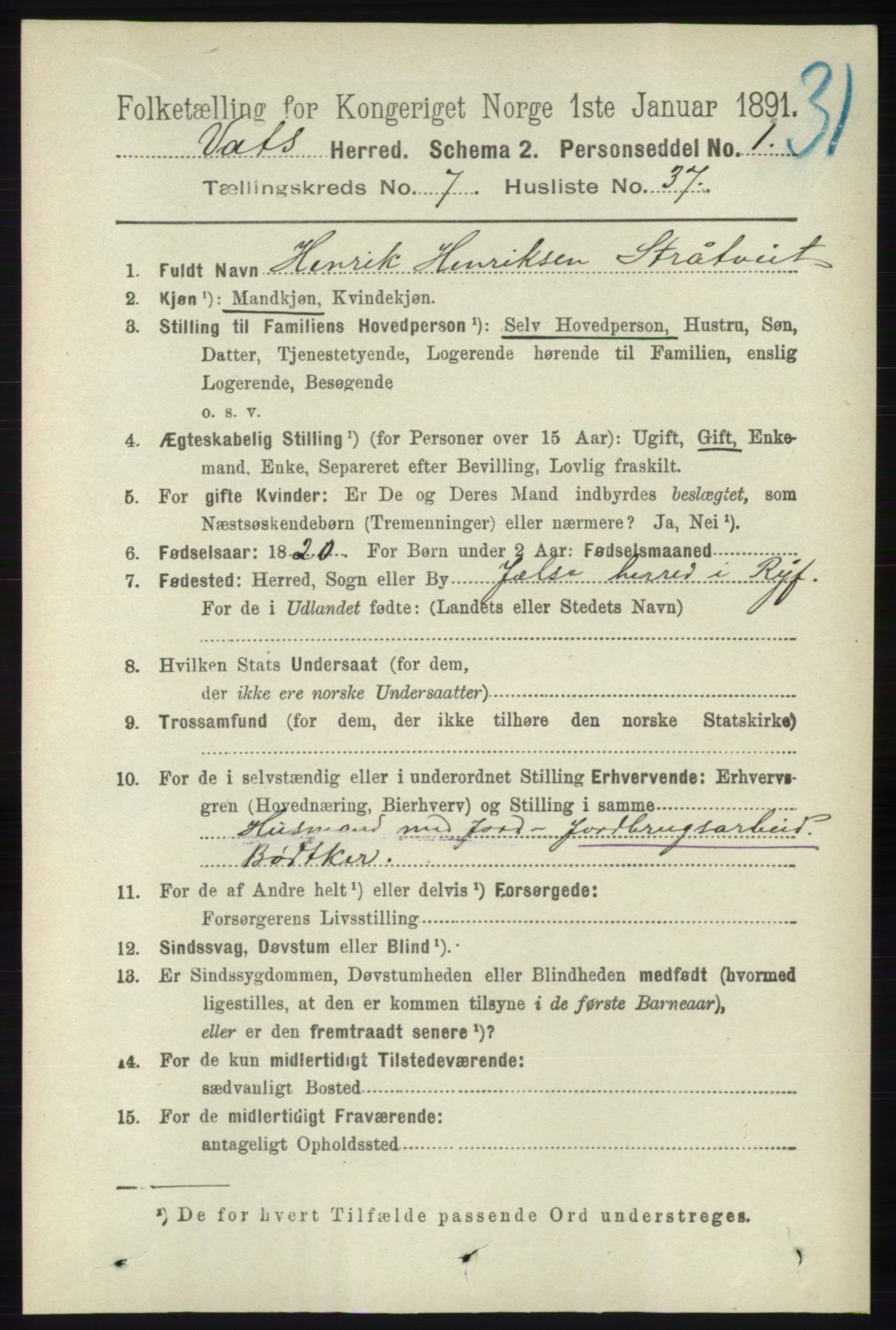 RA, 1891 census for 1155 Vats, 1891, p. 1287