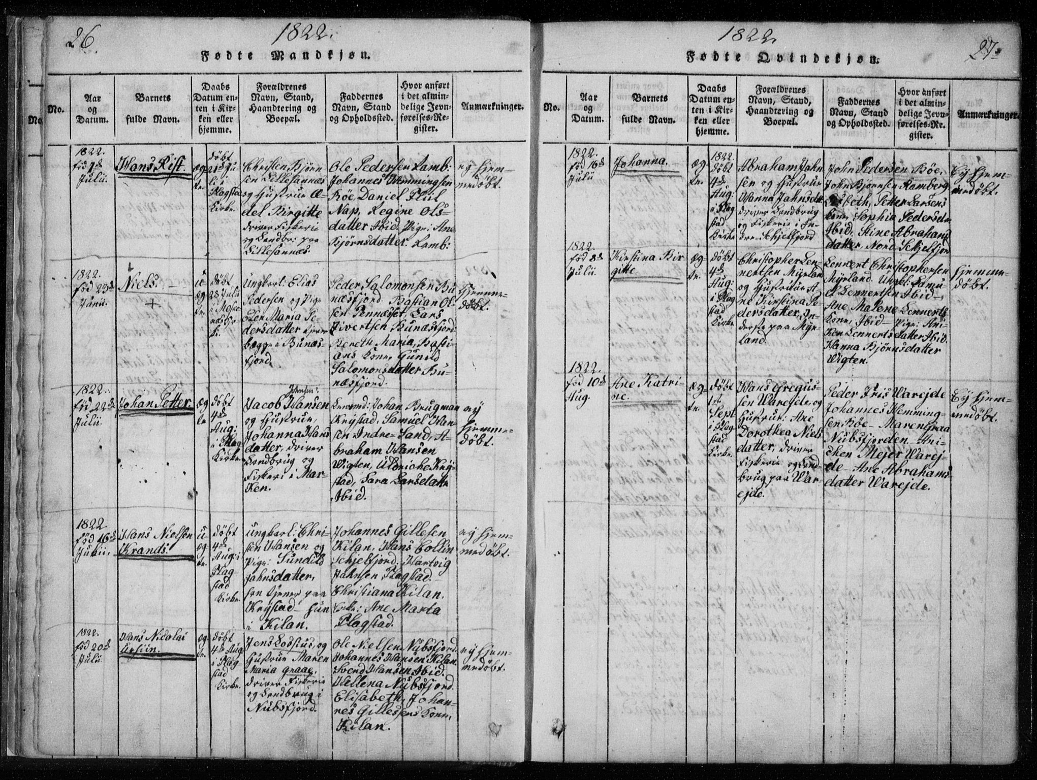 Ministerialprotokoller, klokkerbøker og fødselsregistre - Nordland, AV/SAT-A-1459/885/L1201: Parish register (official) no. 885A02, 1820-1837, p. 26-27