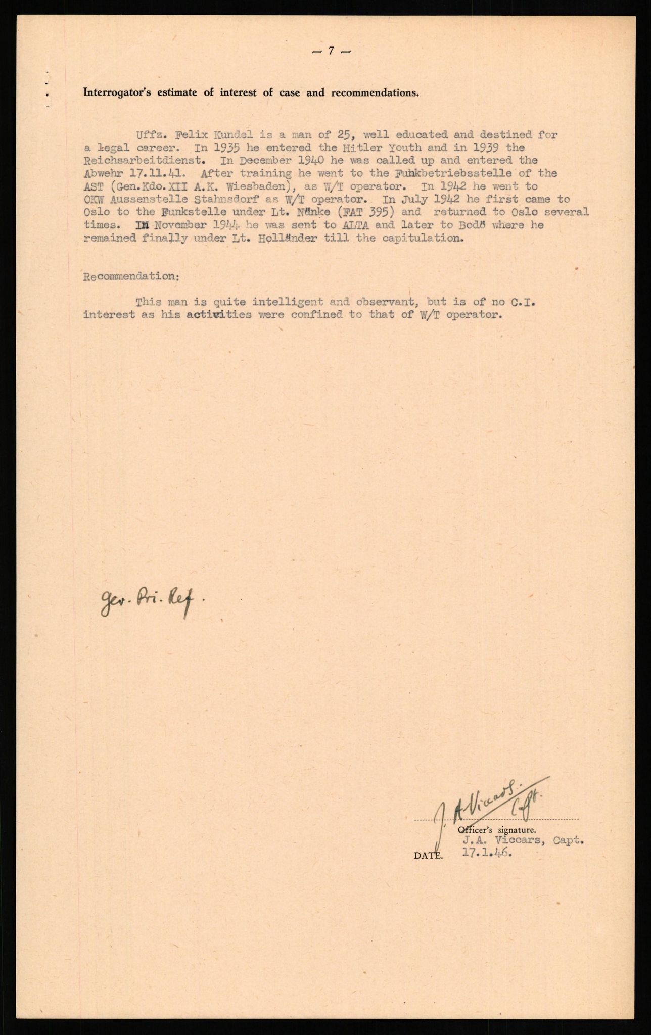 Forsvaret, Forsvarets overkommando II, AV/RA-RAFA-3915/D/Db/L0018: CI Questionaires. Tyske okkupasjonsstyrker i Norge. Tyskere., 1945-1946, p. 485