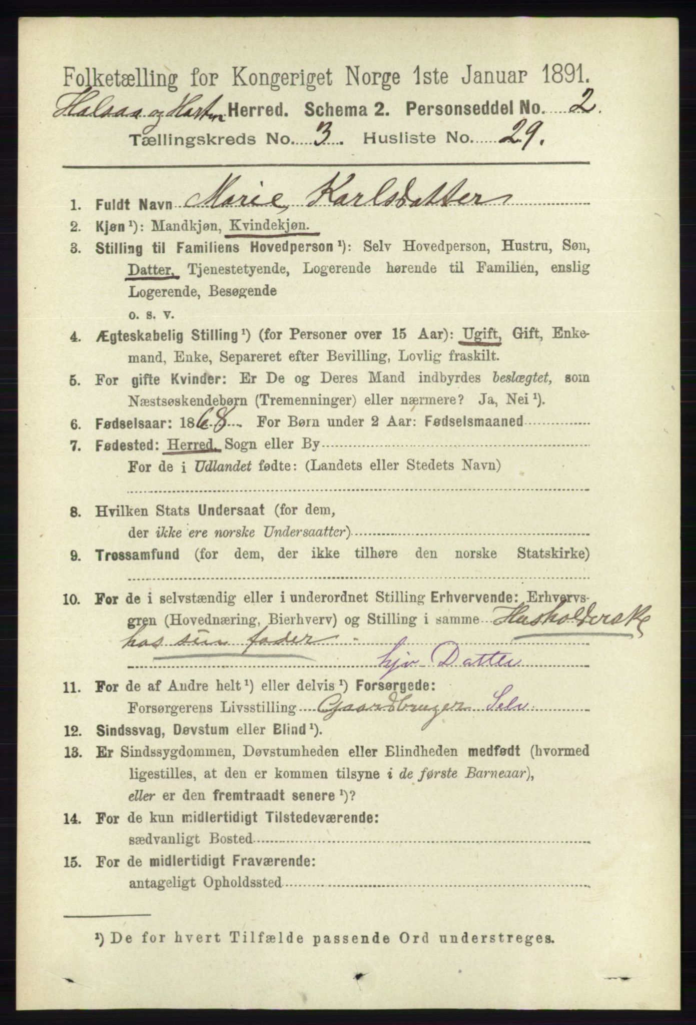 RA, 1891 census for 1019 Halse og Harkmark, 1891, p. 1134