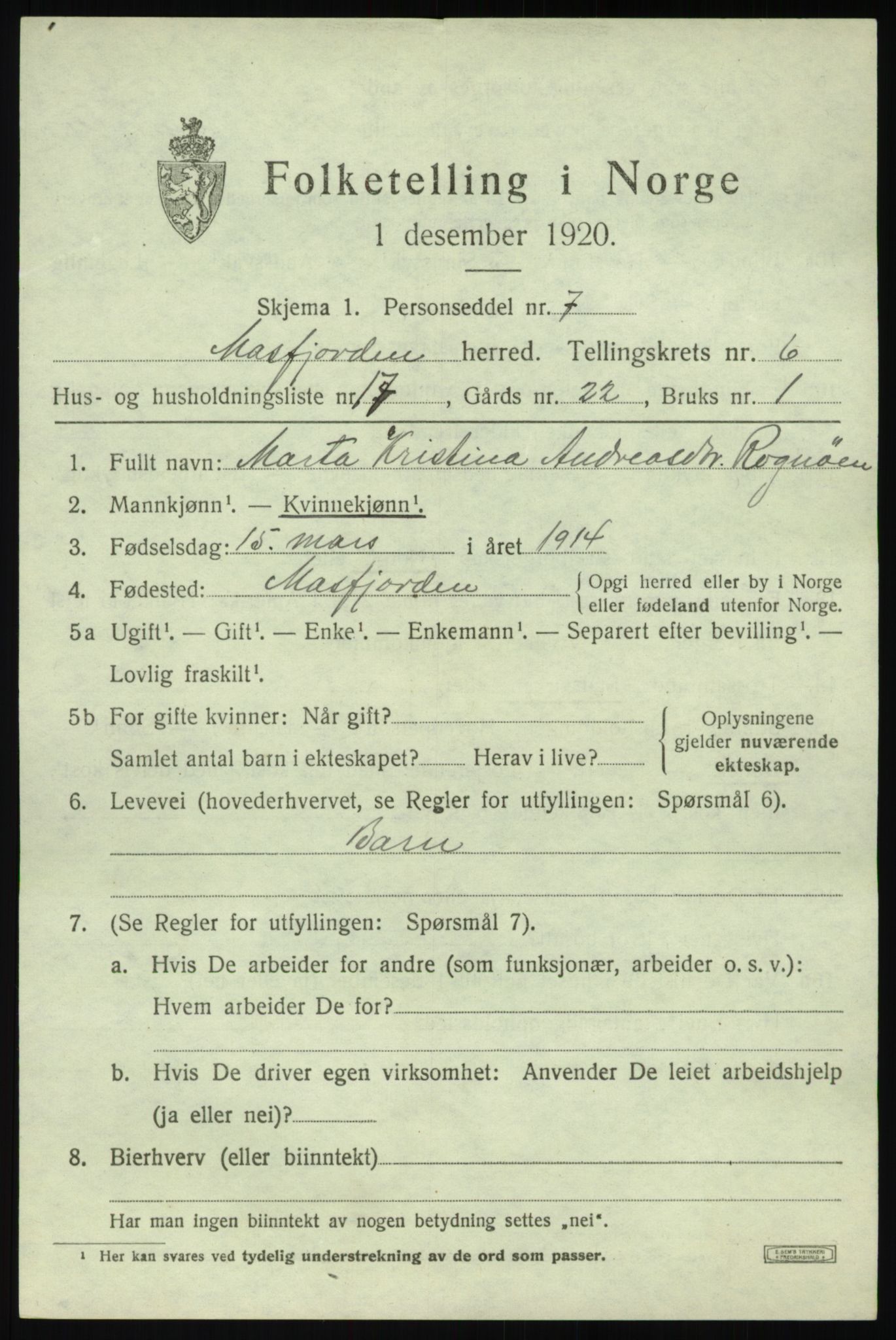 SAB, 1920 census for Masfjorden, 1920, p. 2625