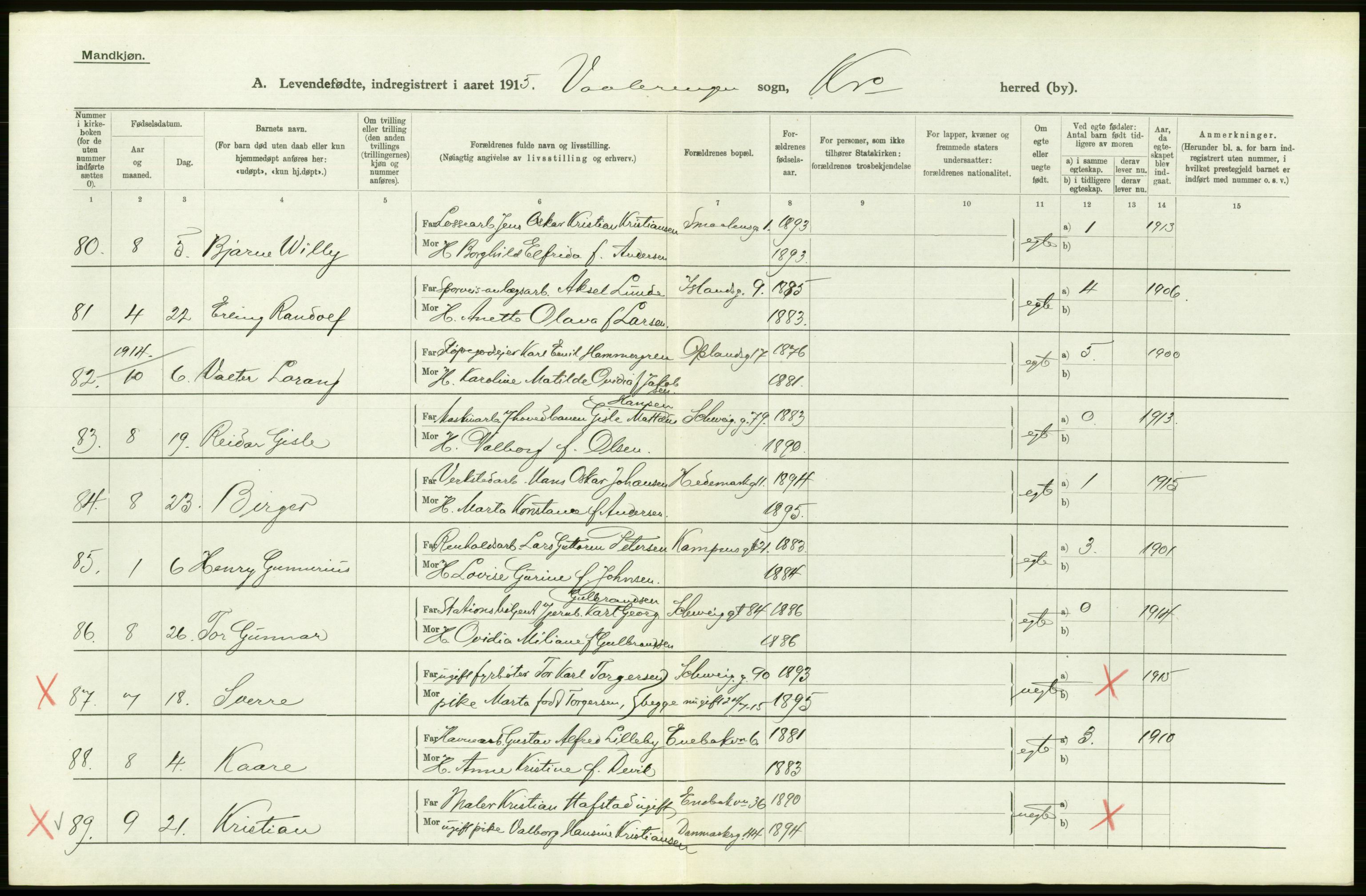 Statistisk sentralbyrå, Sosiodemografiske emner, Befolkning, RA/S-2228/D/Df/Dfb/Dfbe/L0006: Kristiania: Levendefødte menn og kvinner., 1915, p. 352