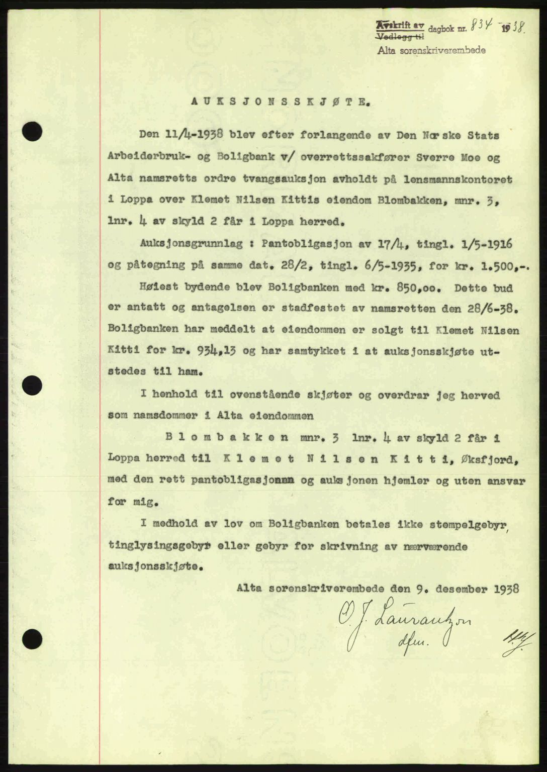 Alta fogderi/sorenskriveri, SATØ/SATØ-5/1/K/Kd/L0031pantebok: Mortgage book no. 31, 1938-1939, Diary no: : 834/1938