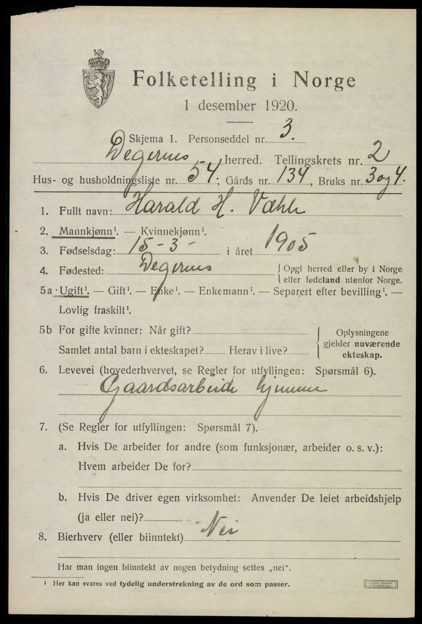 SAO, 1920 census for Degernes, 1920, p. 2082