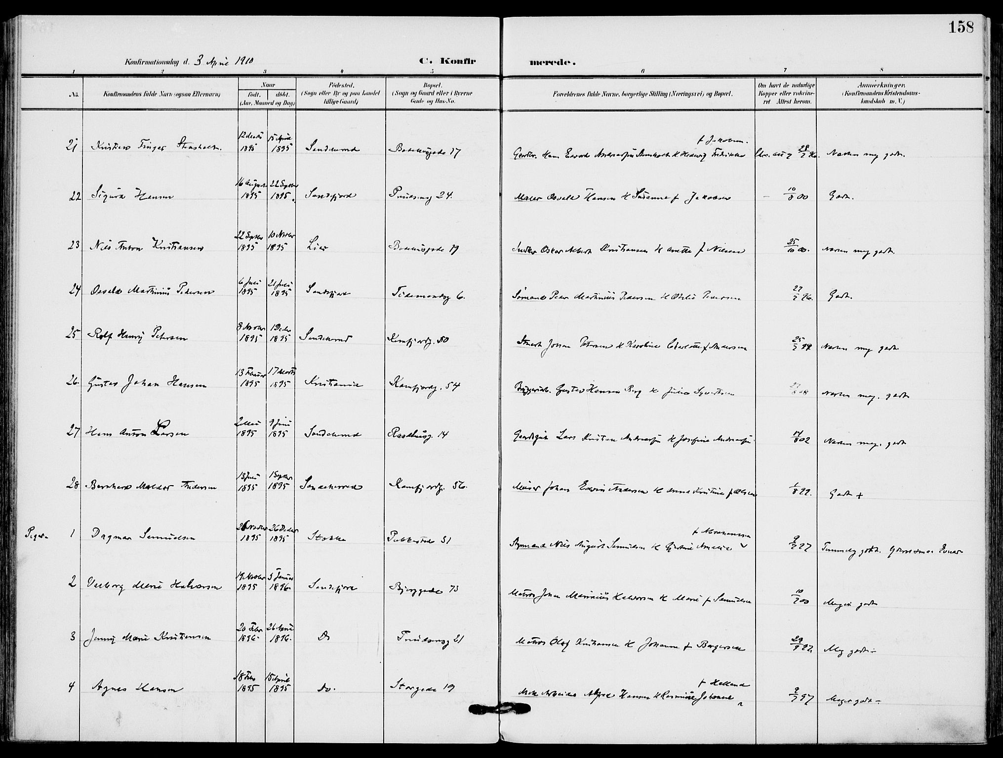 Sandefjord kirkebøker, AV/SAKO-A-315/F/Fa/L0005: Parish register (official) no. 5, 1906-1915, p. 158