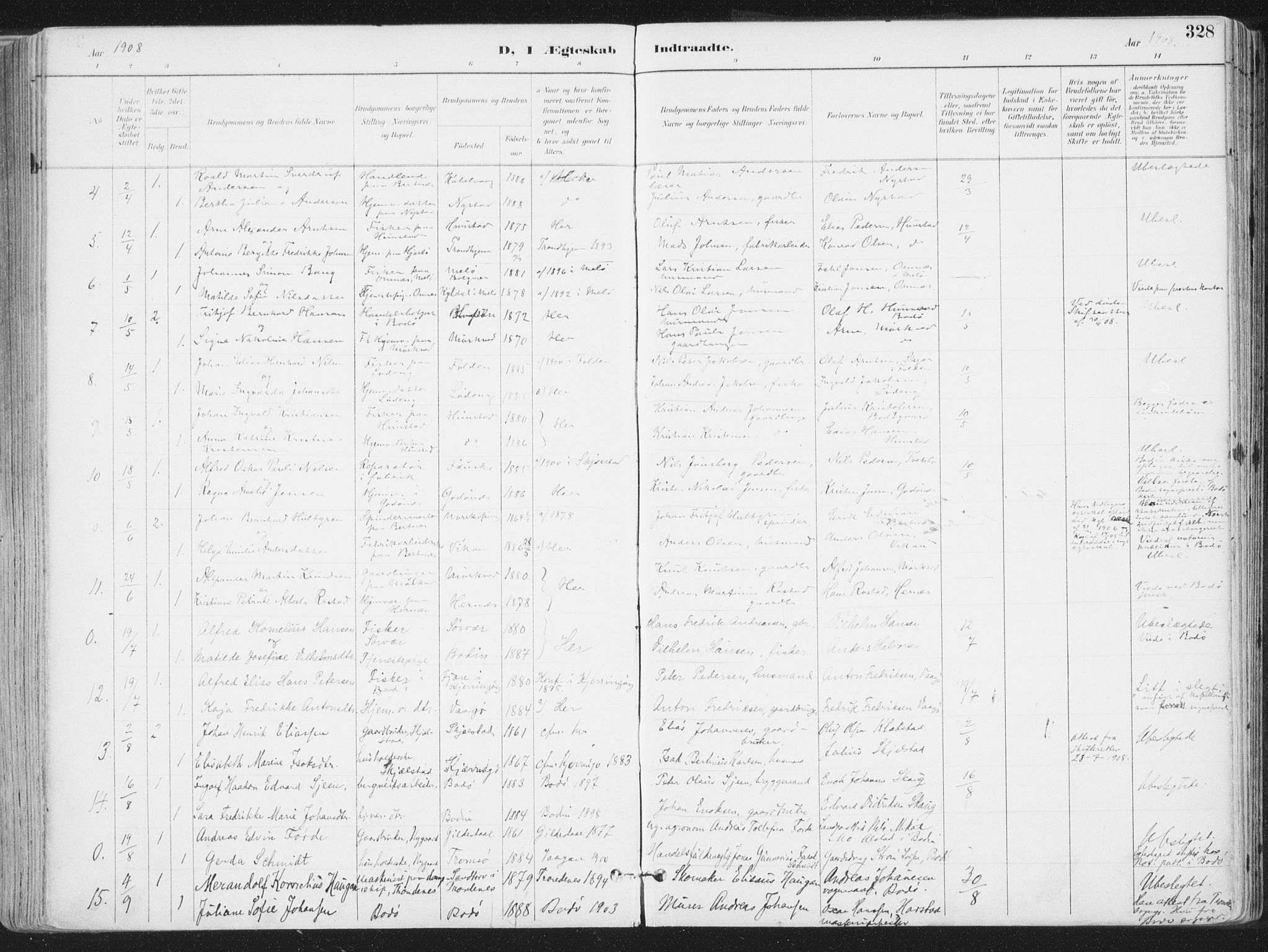 Ministerialprotokoller, klokkerbøker og fødselsregistre - Nordland, AV/SAT-A-1459/802/L0055: Parish register (official) no. 802A02, 1894-1915, p. 328