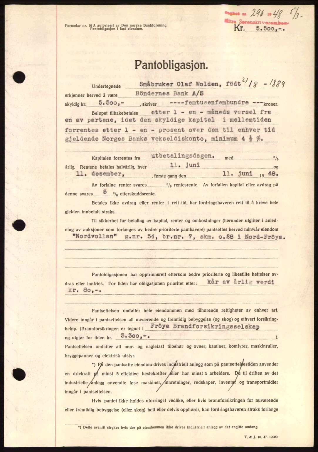 Hitra sorenskriveri, AV/SAT-A-0018/2/2C/2Ca: Mortgage book no. B1, 1939-1949, Diary no: : 290/1948