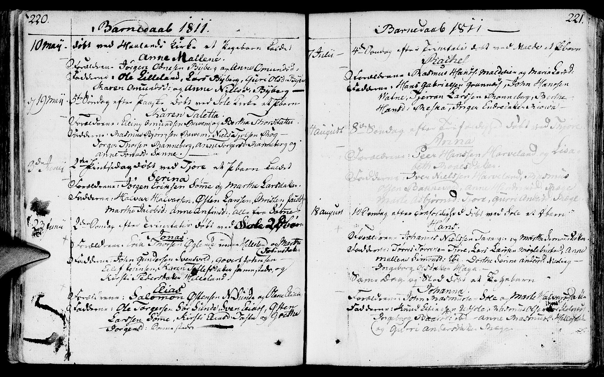 Håland sokneprestkontor, AV/SAST-A-101802/001/30BA/L0003: Parish register (official) no. A 3, 1794-1815, p. 220-221