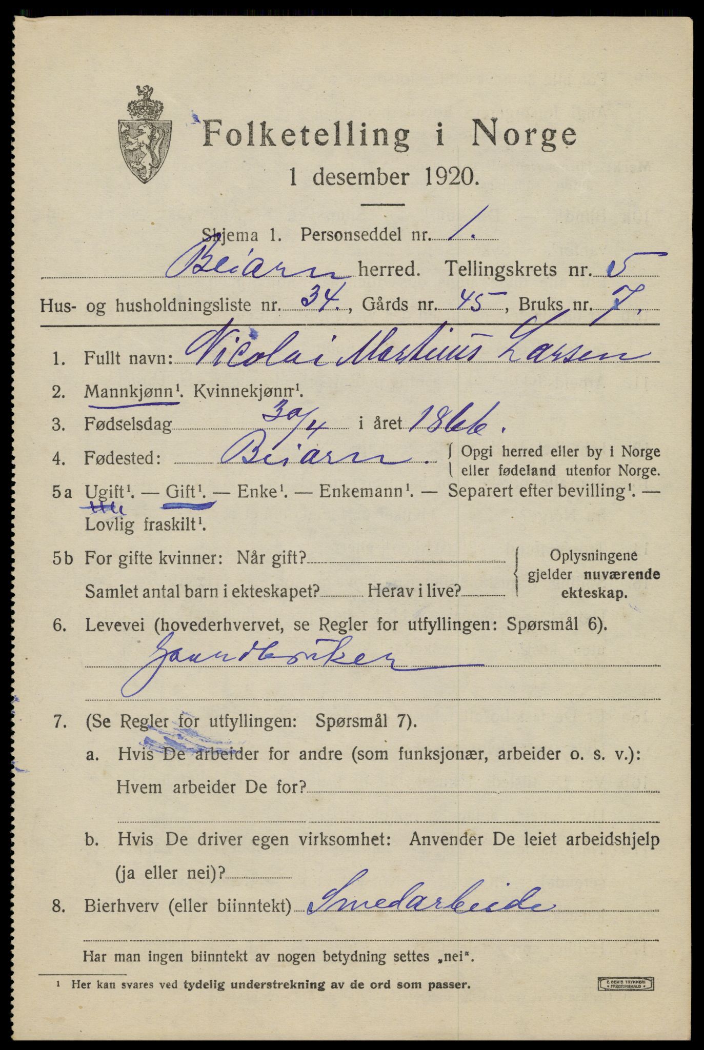 SAT, 1920 census for Beiarn, 1920, p. 2854