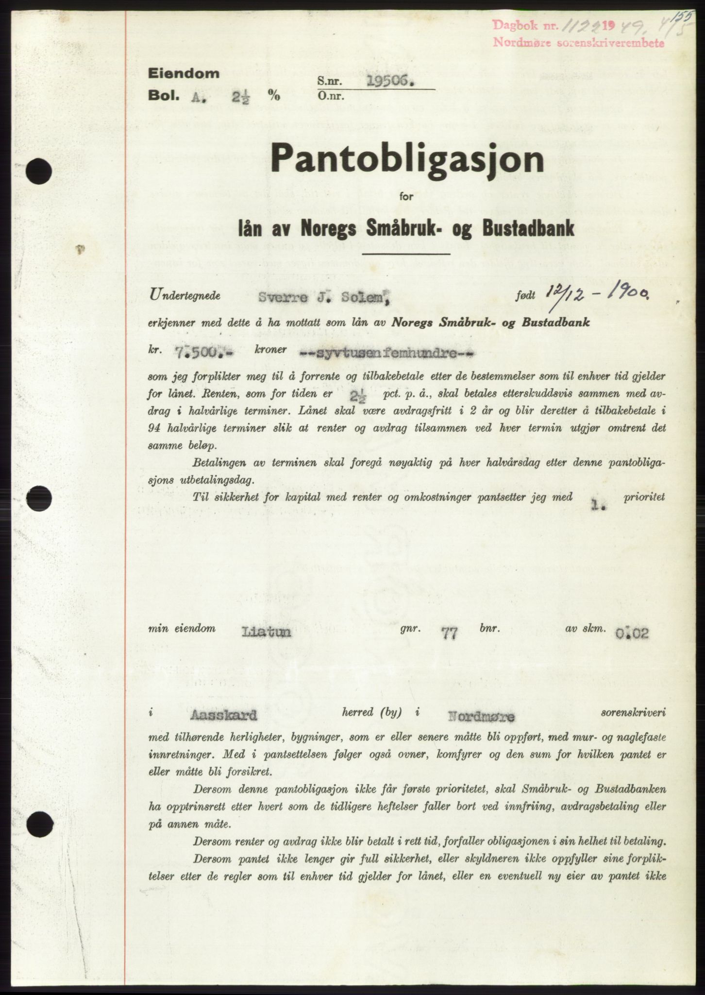 Nordmøre sorenskriveri, AV/SAT-A-4132/1/2/2Ca: Mortgage book no. B101, 1949-1949, Diary no: : 1122/1949