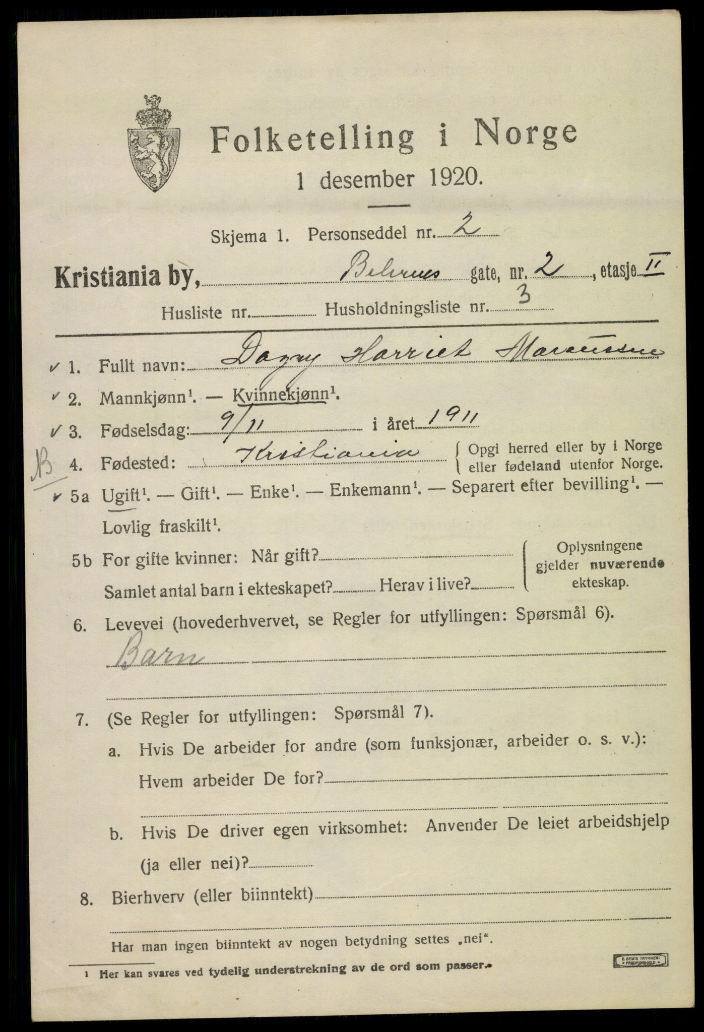 SAO, 1920 census for Kristiania, 1920, p. 150233