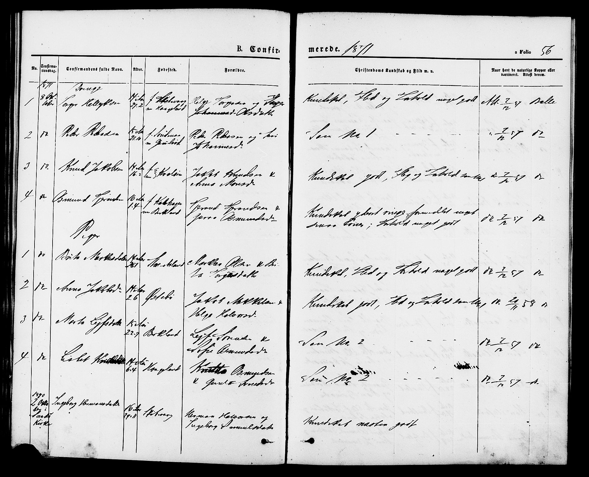 Vikedal sokneprestkontor, AV/SAST-A-101840/01/IV: Parish register (official) no. A 9, 1868-1885, p. 56