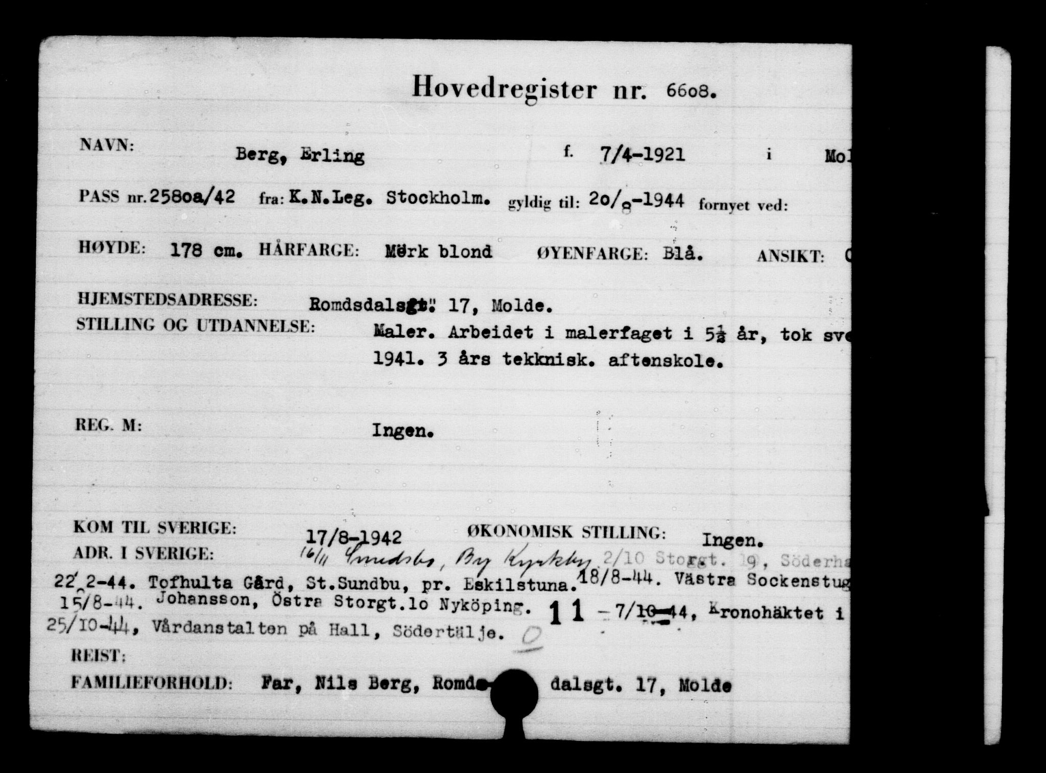 Utenriksstasjonene, Legasjonen i Stockholm, Flyktningkontoret, AV/RA-S-6753/V/Va/L0005: Kjesäterkartoteket, flyktning nr. 6600-9417, 1940-1945, p. 11