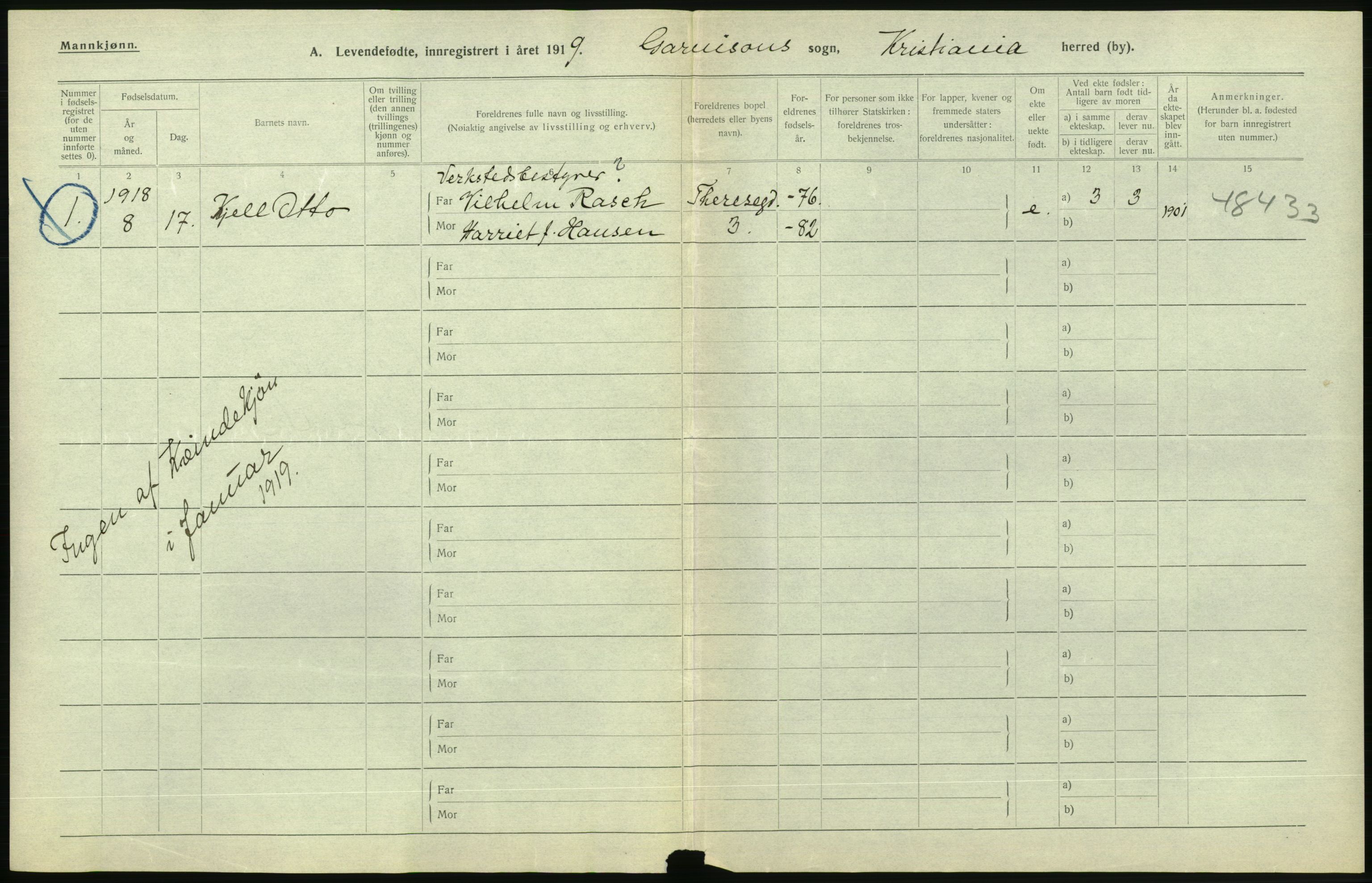 Statistisk sentralbyrå, Sosiodemografiske emner, Befolkning, AV/RA-S-2228/D/Df/Dfb/Dfbi/L0008: Kristiania: Levendefødte menn og kvinner., 1919